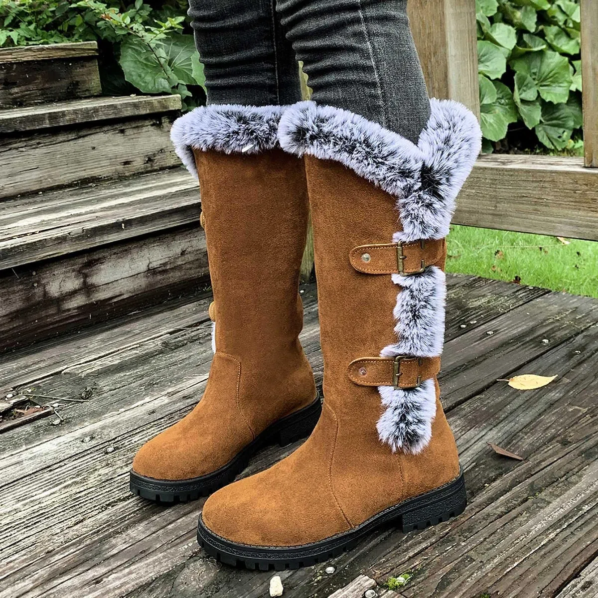 Bottes de Neige Femme Fourrées Mollets Larges Bottes Femme Hiver Chaudes en Daim Botte de Neige Mi-Mollet Snow Boots Fourrées Antidérapantes Chaussure Hiver Confort Chaussures de Randonnée de Ski