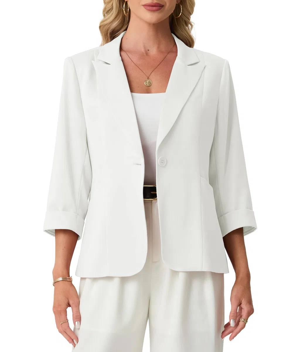 GRECERELLE Blazer élégant à manches 3/4 pour femme - Veste décontractée à revers à visière ouverte sur le devant - Vêtements d'extérieur avec poches à boutons pour femme