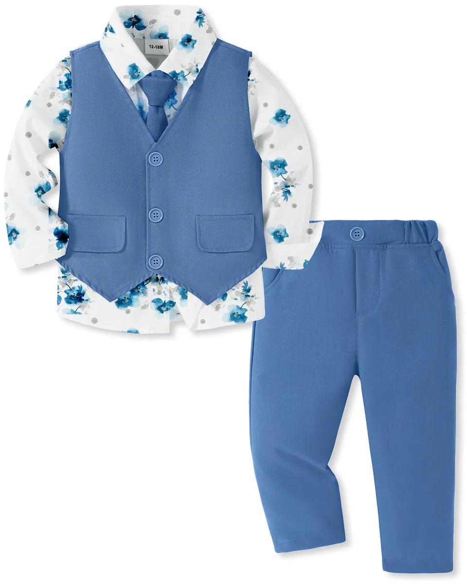SANMIO Costume pour garçon - Tenue formelle - Chemise + cravate imprimée + gilet + pantalon - Smoking pour bébé - Vêtements de mariage