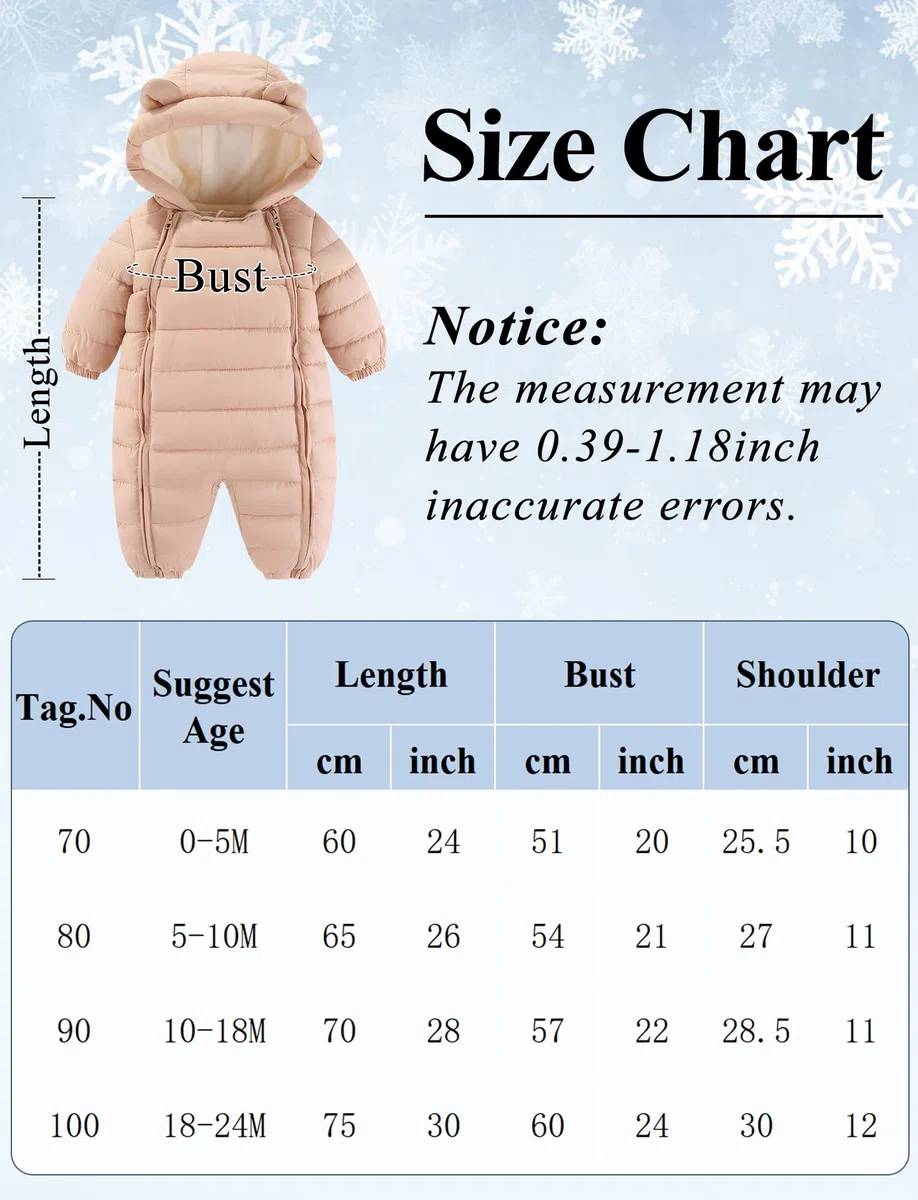 Maeau Combinaison de Neige Ski Bébé Nouveau Né Fleece Manteau à Capuche Bébé Garçon Fille Body Barboteuse Hiver 0-24 mois Snowsuit avec Double Fermeture Éclair Grenouillère Chaud Bébé Fille Garçon