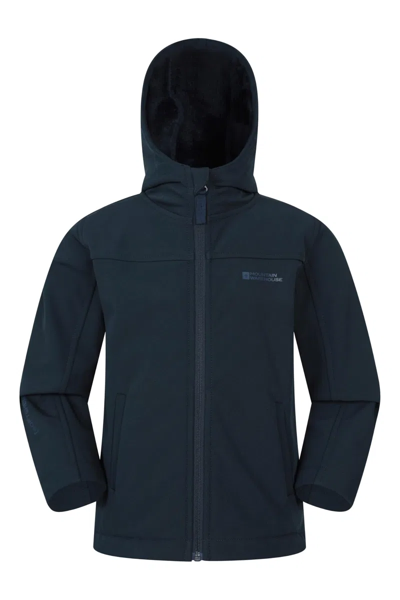 Mountain Warehouse Arctic Kids Veste Softshell doublée de borg, veste de pluie imperméable avec poches et protège-menton, garçons et filles, automne hiver, plein air et randonnée
