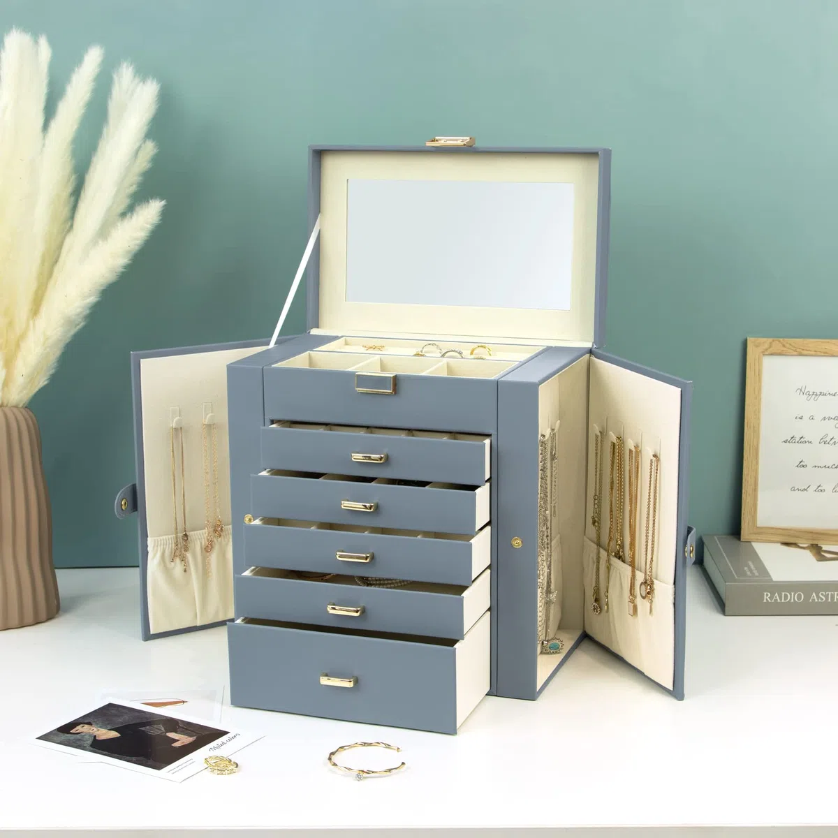 KAMIER Boîte à bijoux pour femme, grande boîte de rangement à bijoux à 6 couches avec miroir et 5 tiroirs pour bagues, boucles d'oreilles, collie, Bleu-Gris