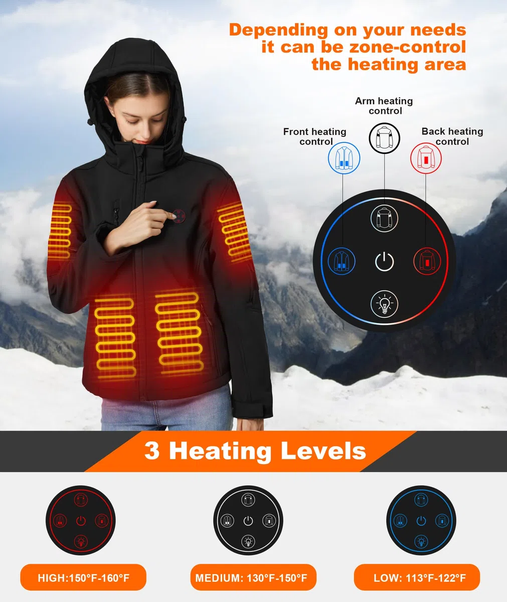 Veste Chauffante Femme avec Doublure Polaire et Brassard, Batterie 12000mAh 7.4V, 6 Zones de Chauffage & 3 Niveaux de Température, Veste D'hiver Imperméable Coupe-vent pour Ski et Chasse