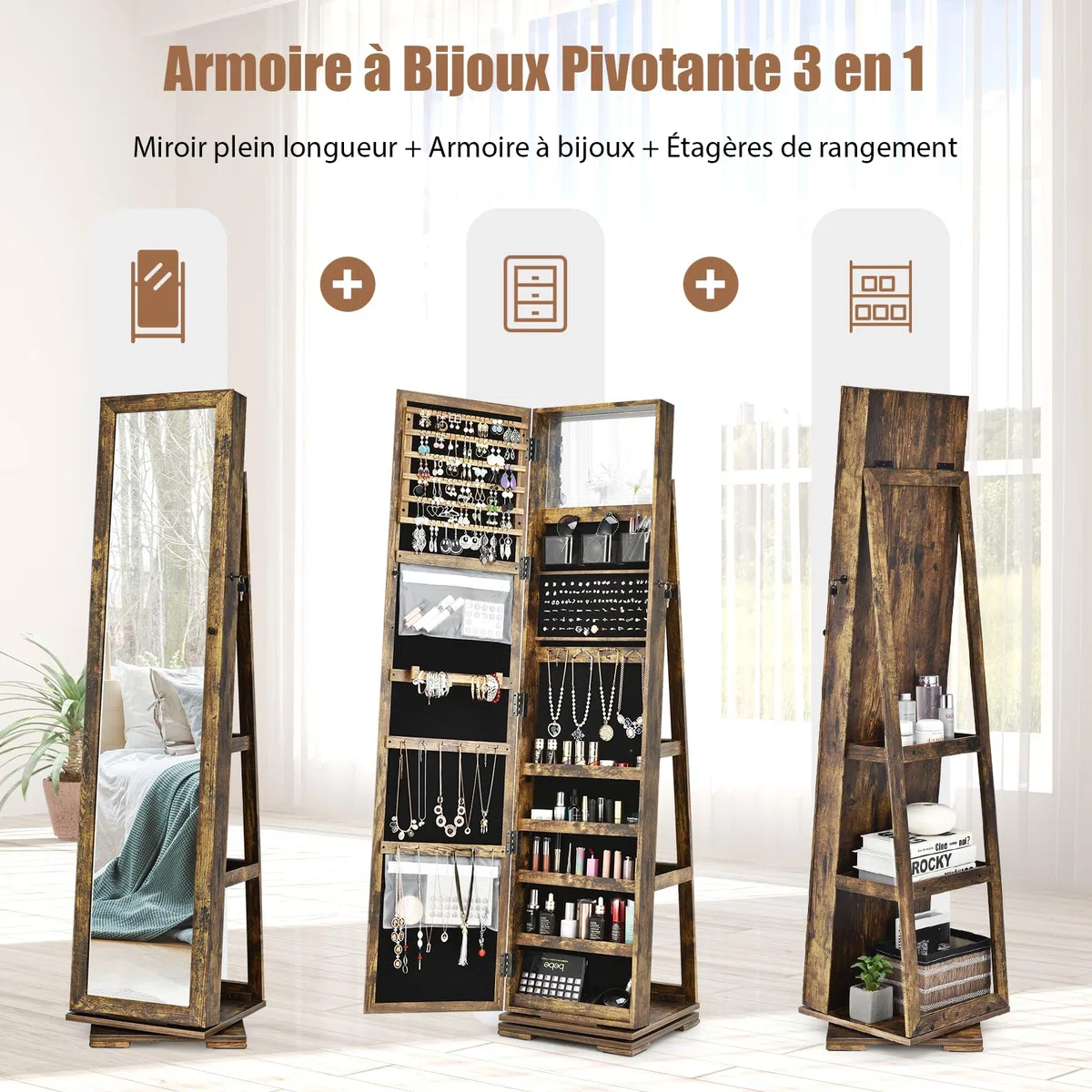 GOPLUS Armoire à Bijoux avec Miroir Plein Longueur, Armoire à Bijoux Pivotante sur Pied avec 3 Étagères de Rangement, Serrure, 3 en 1 Organisateur de Bijoux pour Maquillage, Habillage, Marron