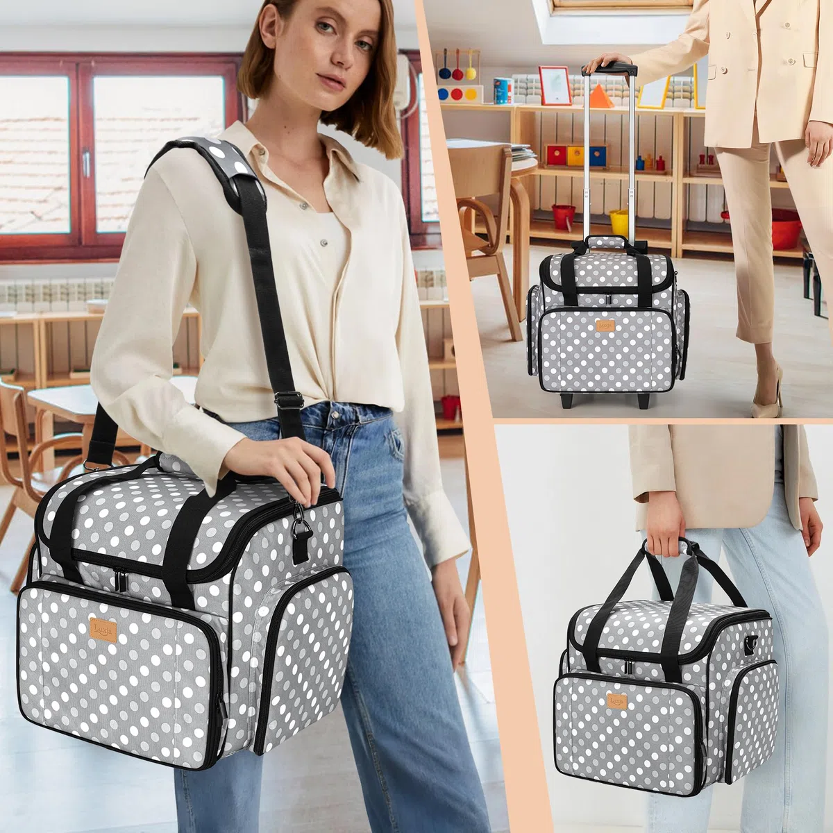 Luxja Sac à roulettes pour Professeur avec Plusieurs Poches et Coussin de Soutien Inférieur, Sac de Transport pour Enseignant avec Chariot Détachable (Brevet de Conception), Pois Gris
