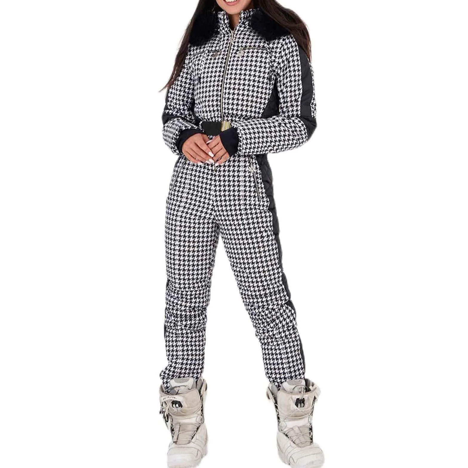 IQYU Combinaison de neige pour femme - Combinaison de ski / snowboard avec capuche en fourrure et gants intégrés, imperméable - Combinaison de ski 2022 Nouveauté Mode en une pièce - Vêtement de ski