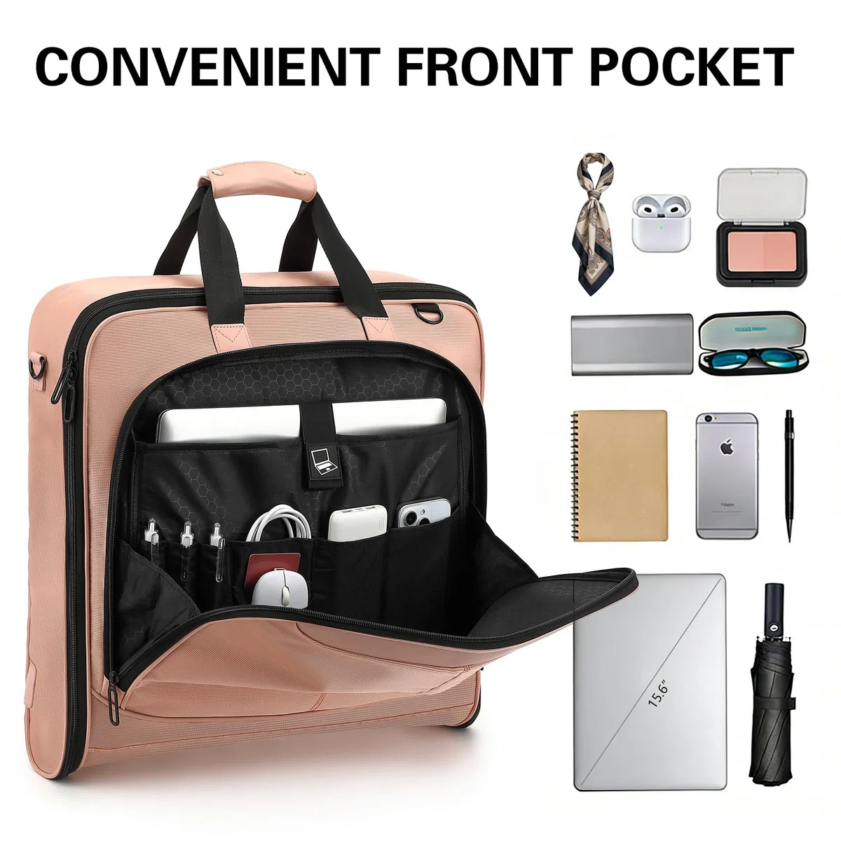 Sac à Costumes pour Femmes Housse à Vêtements de Voyage Hanging Garment Bag avec Sangles et Compartiment pour Ordinateur Portable de 15,6 Pouces, Idéal pour Les Voyages d'affaires, Rose