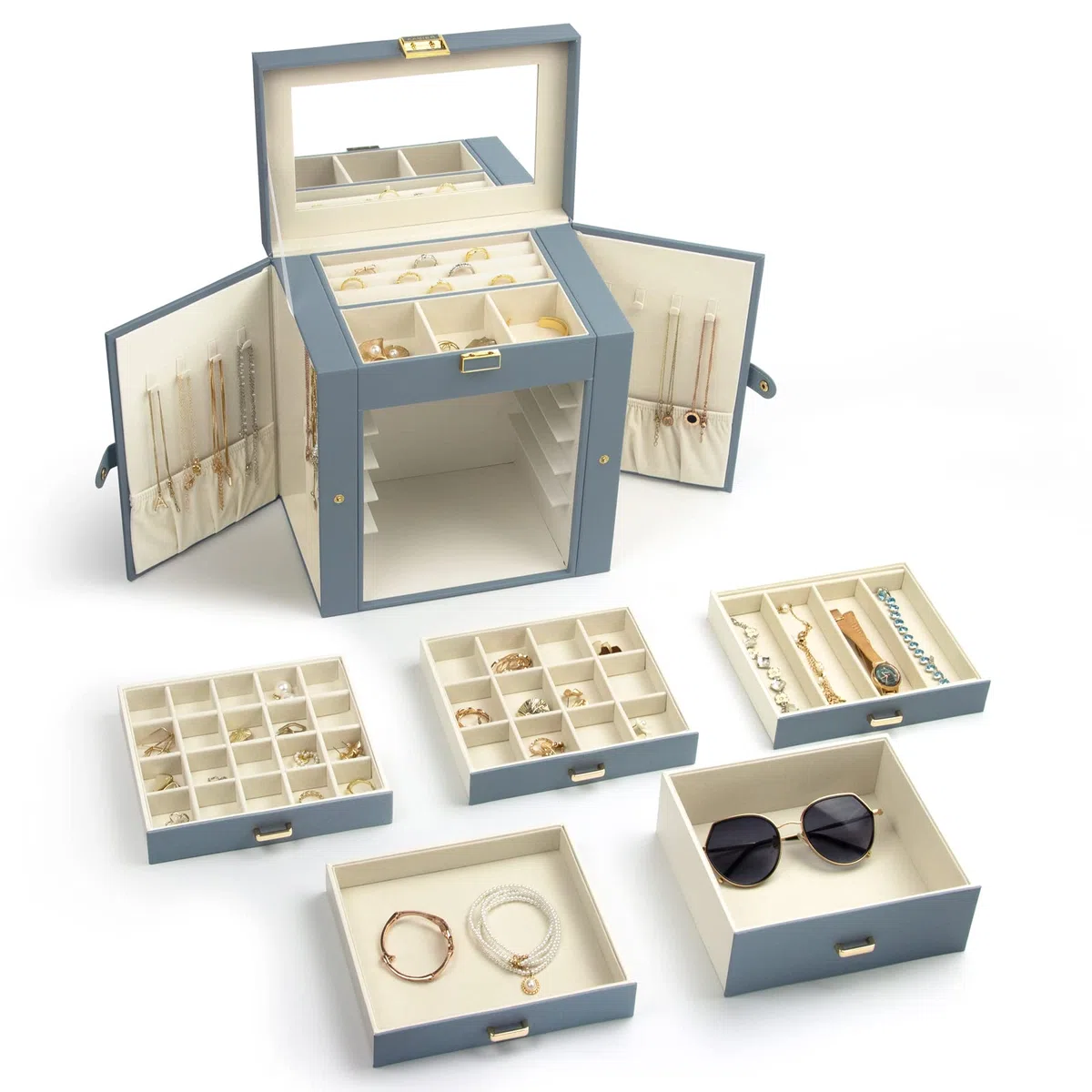 KAMIER Boîte à bijoux pour femme, grande boîte de rangement à bijoux à 6 couches avec miroir et 5 tiroirs pour bagues, boucles d'oreilles, collie, Bleu-Gris
