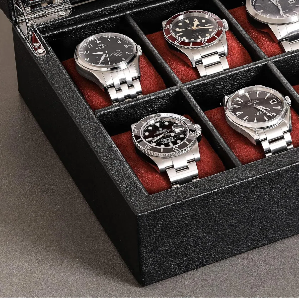 ROTHWELL Boîte à montres en cuir à 10 emplacements – Ecrins pour montres de luxe avec doublure en microsuède ultra douce, support verrouillable avec grand plateau en verre (Noir/Rouge)