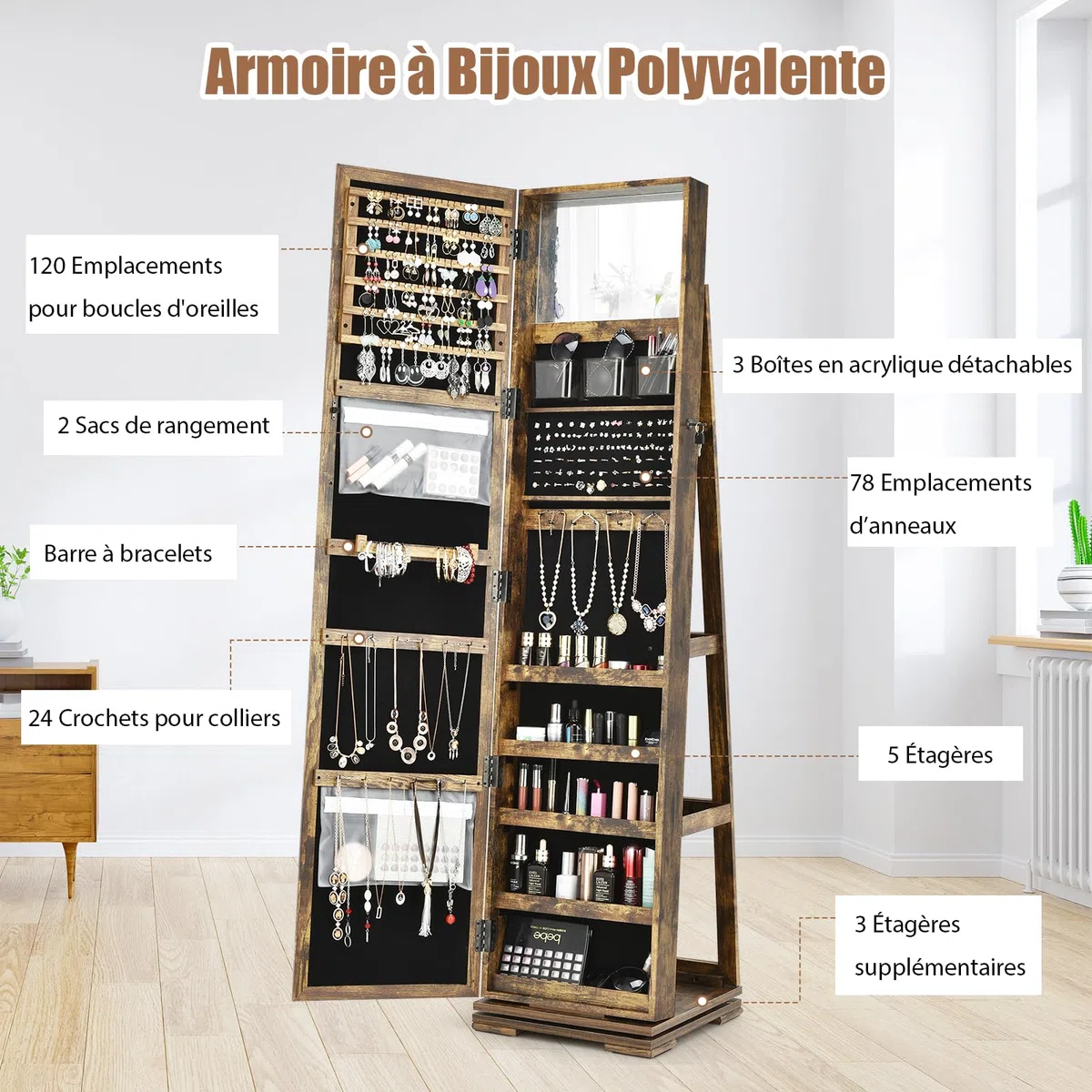 GOPLUS Armoire à Bijoux avec Miroir Plein Longueur, Armoire à Bijoux Pivotante sur Pied avec 3 Étagères de Rangement, Serrure, 3 en 1 Organisateur de Bijoux pour Maquillage, Habillage, Marron