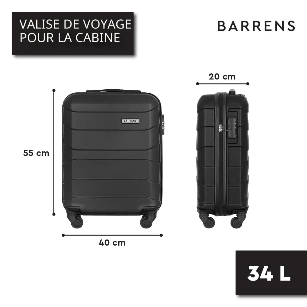 BARRENS Valise Cabine Rigide Bagage Cabine 55x40x20 Valises Leger a 4 Roues Silencieuses Serrure à Combinaison en ABS Ultra-Leger 34L avec Poignée Télescopique (Noir)
