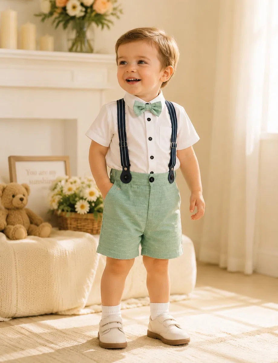 mintgreen Bébé Garçon Gentilhomme Tenu Ensemble Manche Courte Nœud Papillon Chemises Bretelles Un Pantalon Costume de Mariage, Taille: 1-4 Ans