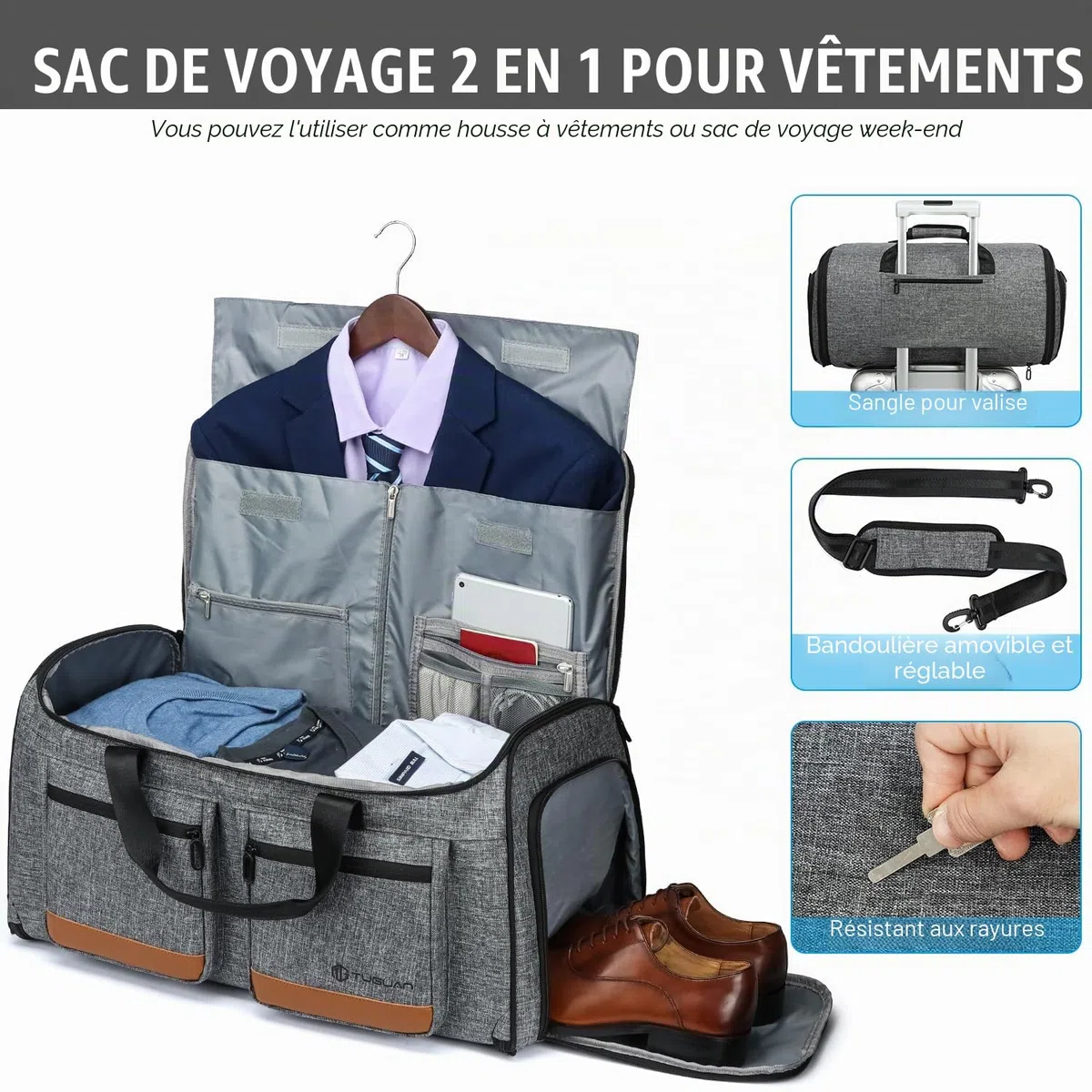 TUGUAN Sac à Vêtements de Voyage Convertible 3 en 1 Housse Costume pour Voyage d'affaires avec Sangles de Sac à Dos et Compartiment pour Chaussures (Gris + Marron)