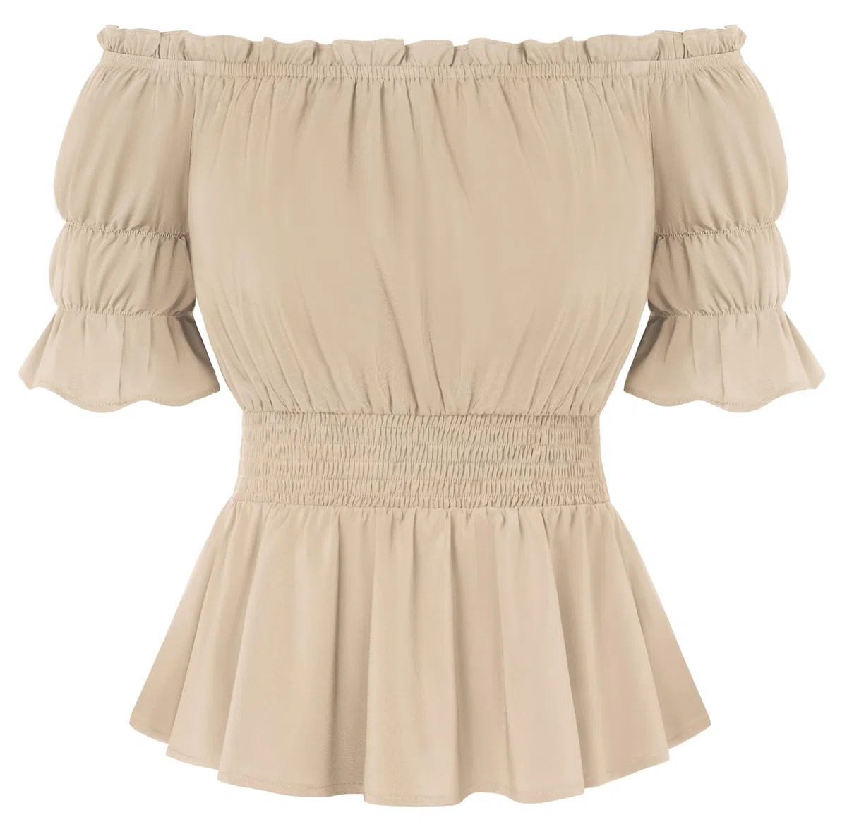 SCARLET DARKNESS Haut médiéval à taille élastique pour femme avec encolure volantée, manches et ourlet