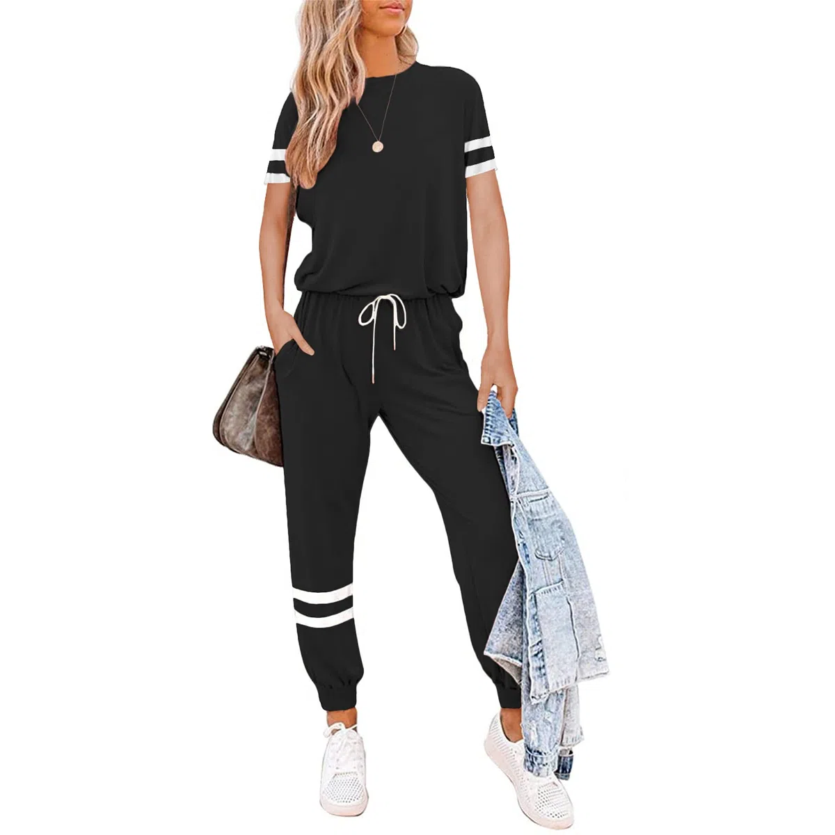 Litthing Tenue Décontractée Femme Ensemble Casual Survêtement Jogging, Pyjama Nuit Col Rond T-shirt Manches Courtes + Pantalon Taille à Serré, Printemps été Interieur