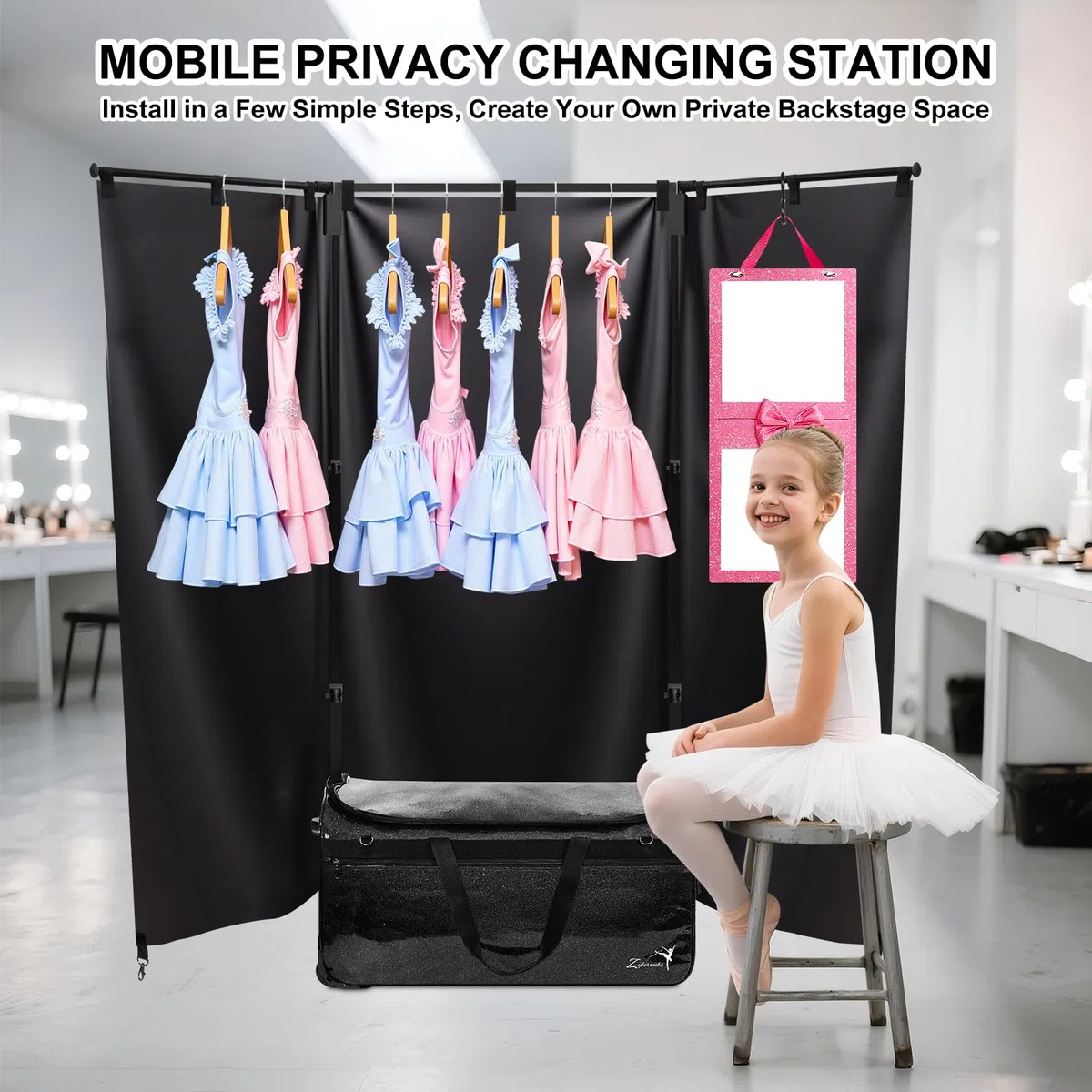 Sac de danse avec porte-vêtements - Grand sac à vêtements de danse avec roulettes pour danseuses / filles / femmes - Sac de voyage pliable - Indispensable pour les compétitions de danse, Noir - 71 cm