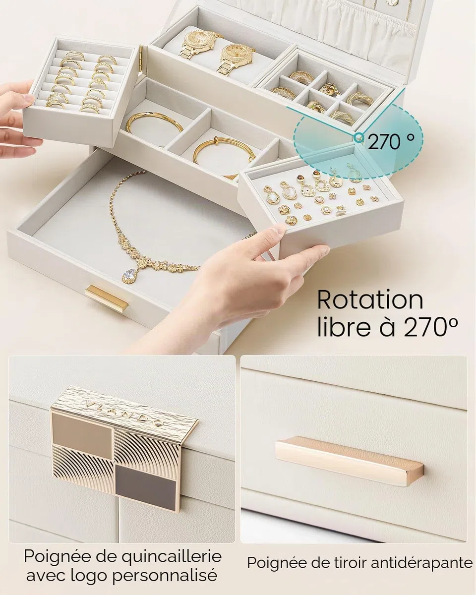 VLANDO Boîte à bijoux grande pour femmes - Organisateur de bijoux avec plateau coulissant - Boîte à bijoux avec tiroir pour colliers, bagues, bracelets, boucles d'oreilles - Pour mères et filles