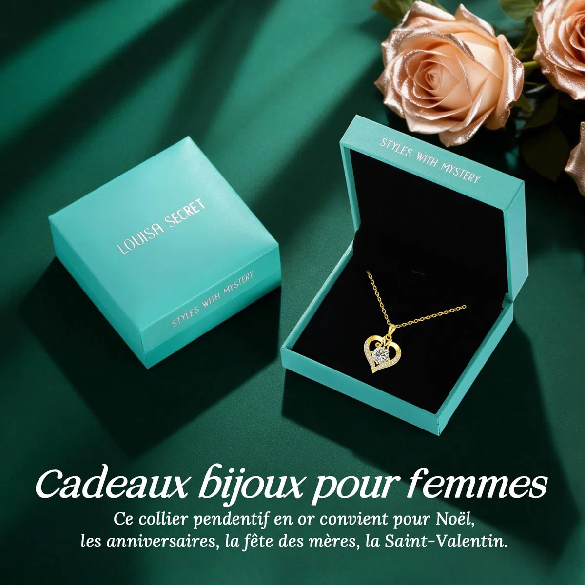 LOUISA SECRET Collier Femme A-Z Initiales en Capitale, Pendentif Cœur d'Amour avec Plaque d'Or 18K, Bijoux Personnalisés pour Femme, Épouse, Mère, Anniversaire, Anniversaire de Mariage, Fête des Mères
