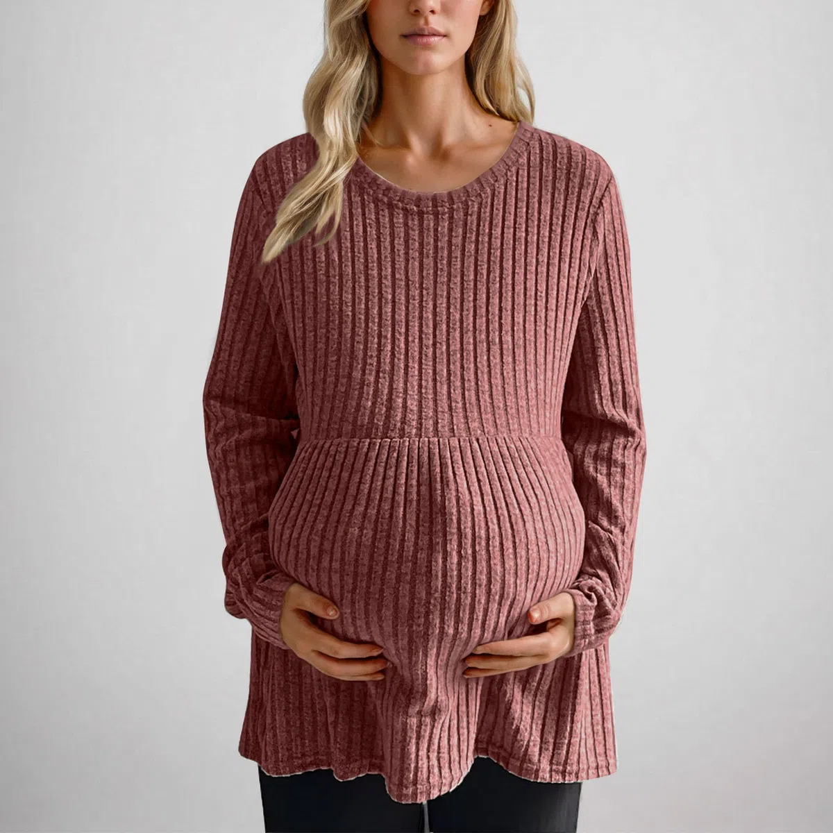 Keepink Haut de maternité uni extensible en tricot côtelé à manches longues pour femme - Pull ample - Tunique ample - Pull d'allaitement confortable pour la grossesse et le repos prénatal