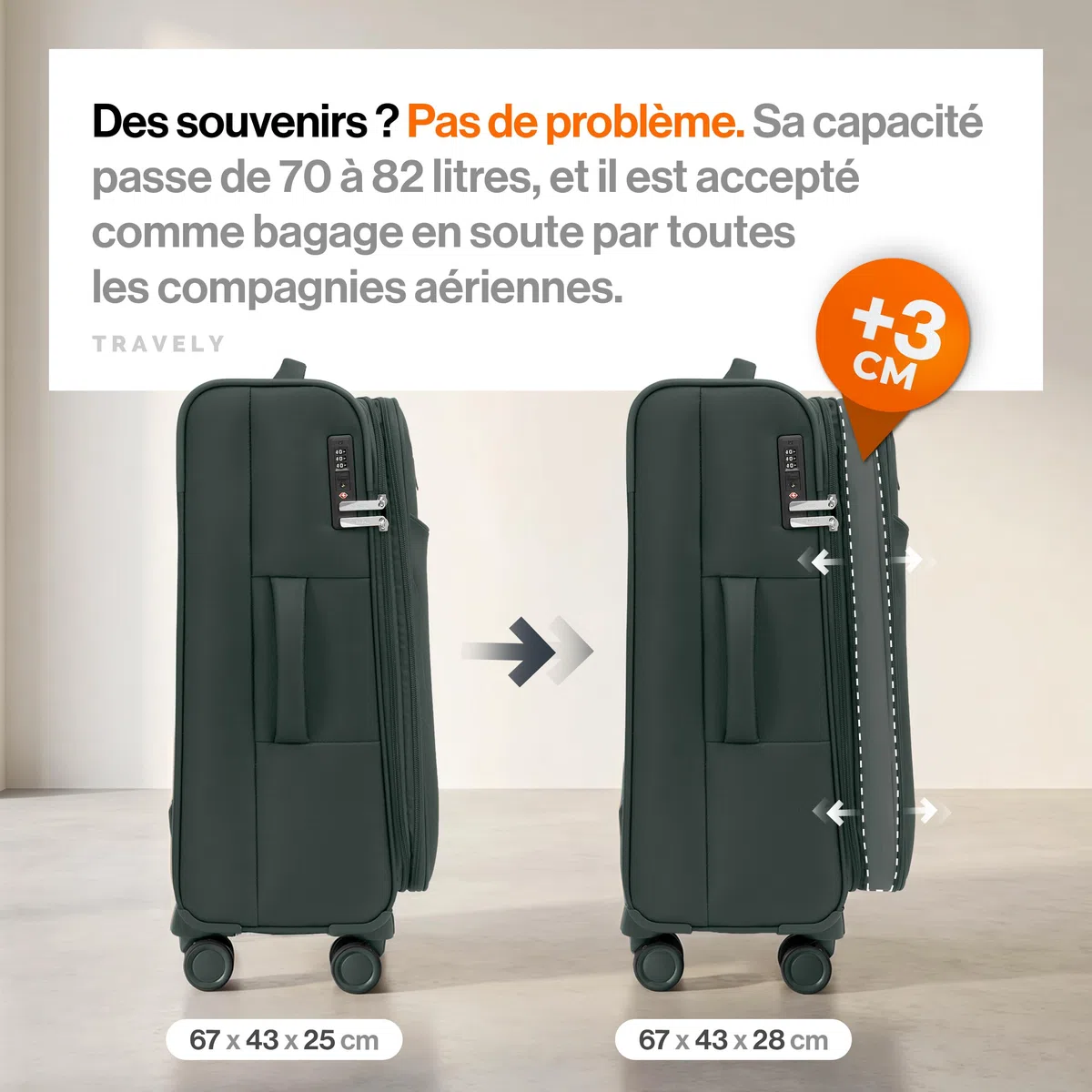 Travely Valise en Tissu L - Valise Taille Moyenne avec 4 roulettes et Cadenas TSA à Combinaison - Valise Souple avec Soufflet Extensible, fabriquée en matériau résistant à la déchirure et déperlant