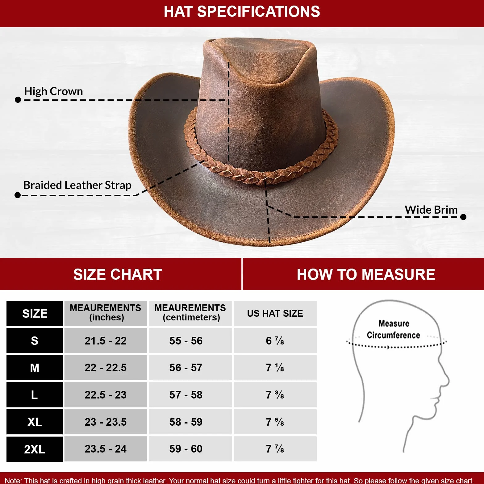 BRANDSLOCK Chapeau de Cowboy en Cuir pour Homme et Femme fabriqué à la Main à Large Bord Durable Marron