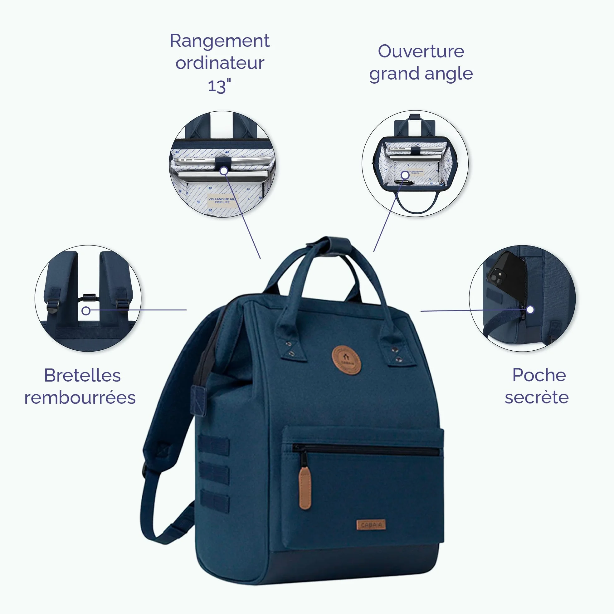 CABAIA - Sac à Dos Adventurer Louisville - Medium 18L - Déperlant - Compartiment Ordinateur Portable 13" - 2 Poches - Certifié Vegan - Sac Voyage, Affaires, École pour Homme et Femme - Marron