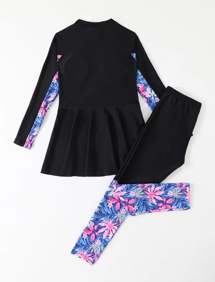 IMEKIS Muslim Swimwear for Girls Islamic Burkini Long Sleeve Rash Guard Swimming Top with Swim Pants 2pcs Tankinis Swimsuit Kids Modest Bathing Suit