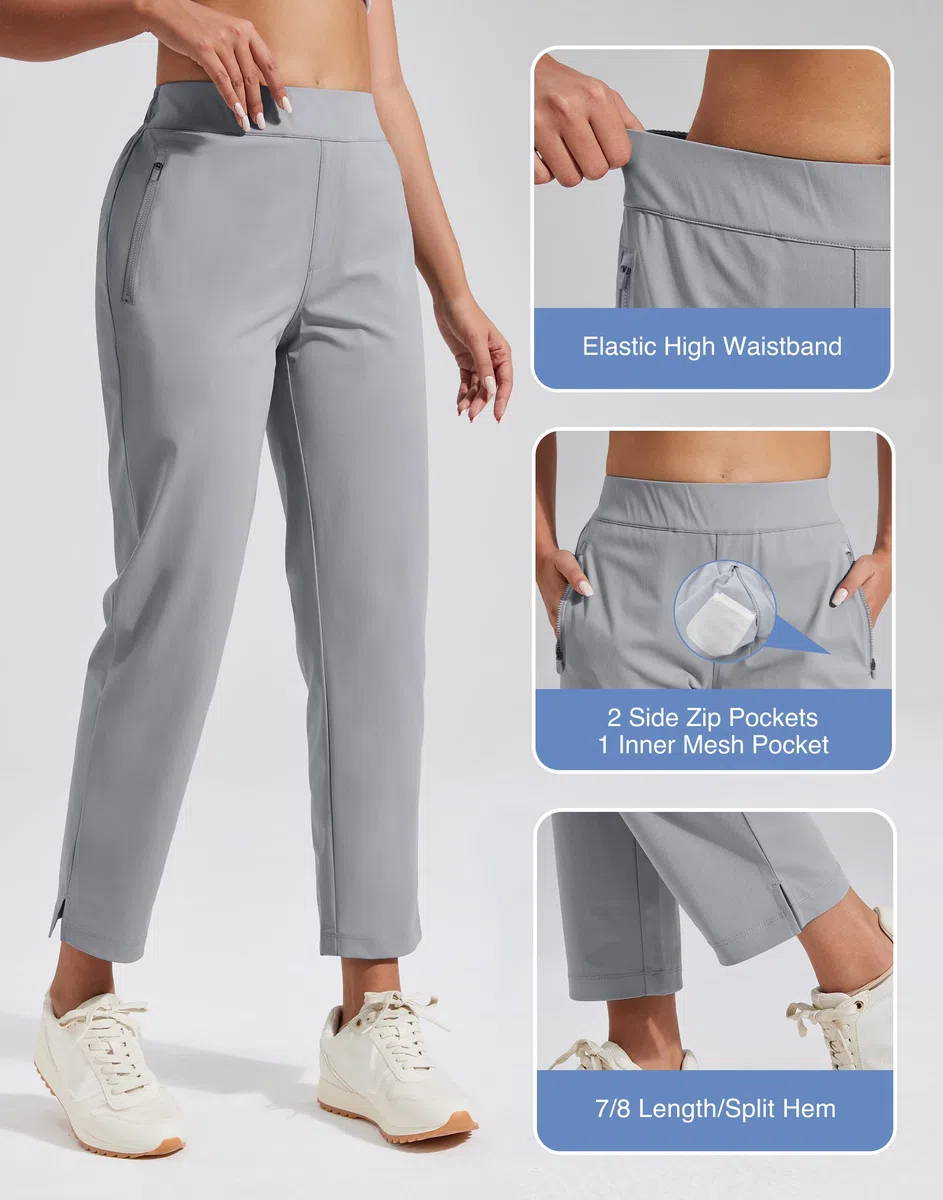 Pioneer Camp Pantalon de golf pour femme avec poches zippées Taille haute Extensible 7/8 Cheville Robe Travail Business Casual Pantalon de voyage