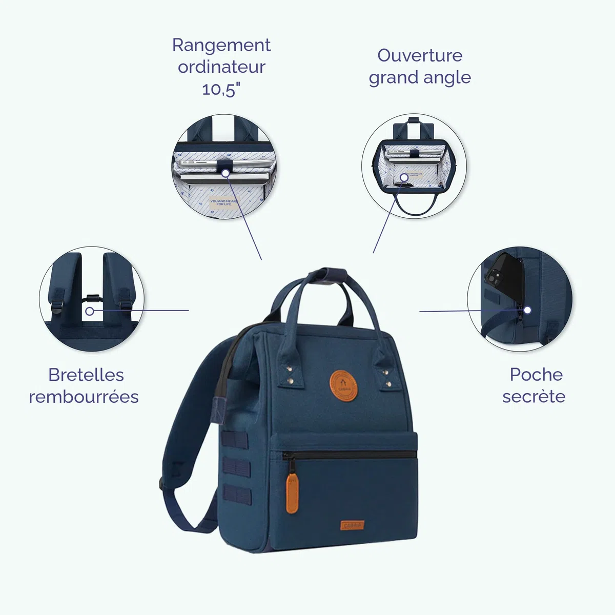 CABAIA - Sac à Dos Adventurer Reykjavik - Small 10L - Déperlant - Compartiment Ordinateur Portable 10,5" - 2 Poches - Certifié Vegan - Sac Voyage, Affaires, École pour Homme et Femme - Bleu