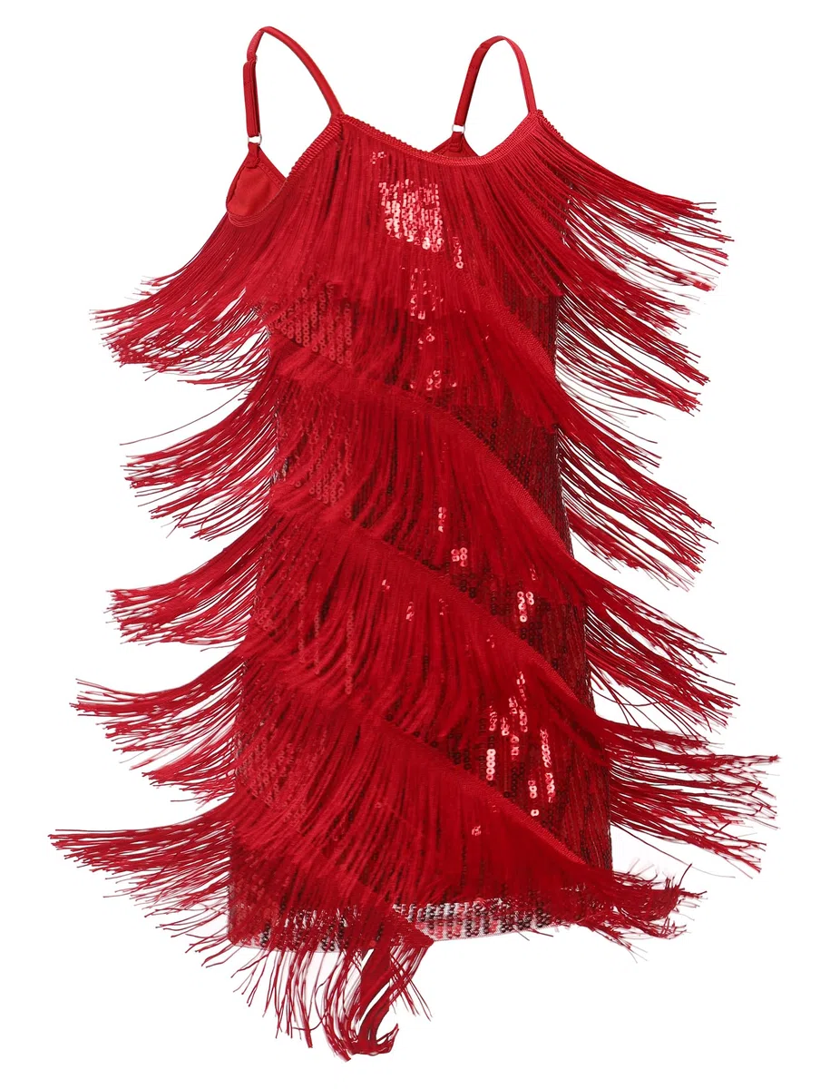 FYMNSI Robe de danse latine pour filles - Tenue de danse de salon - Col en V - Paillettes scintillantes - Pompons à franges