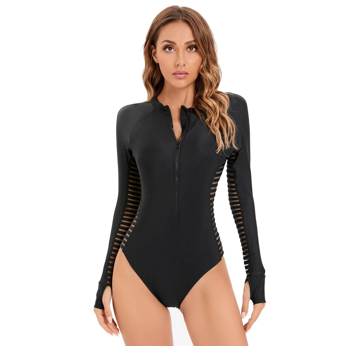 IMEKIS Maillot de bain une pièce pour femme - Manches longues - Rash Guard - Bloc de couleurs - Rembourré - Protection UV - Fermeture éclair sur le devant - Surf - Beachwear