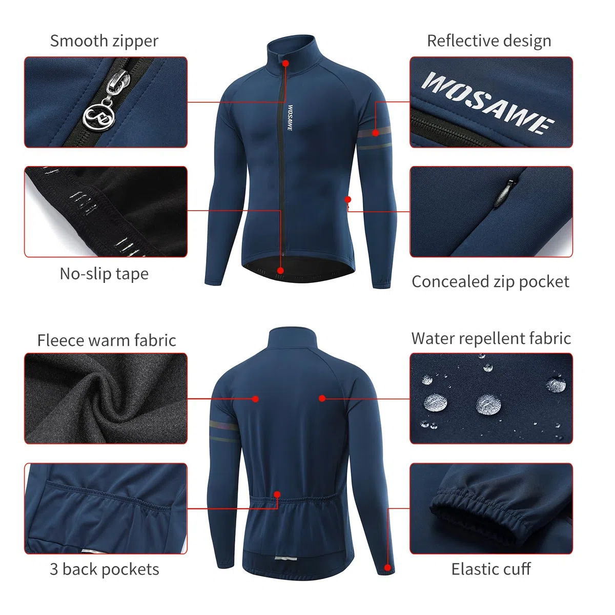WOSAWE Veste de Cyclisme pour Homme Coupe-Vent Thermique Polaire Veste de Sport Hiver Réfléchissant Vélo VTT Manteau