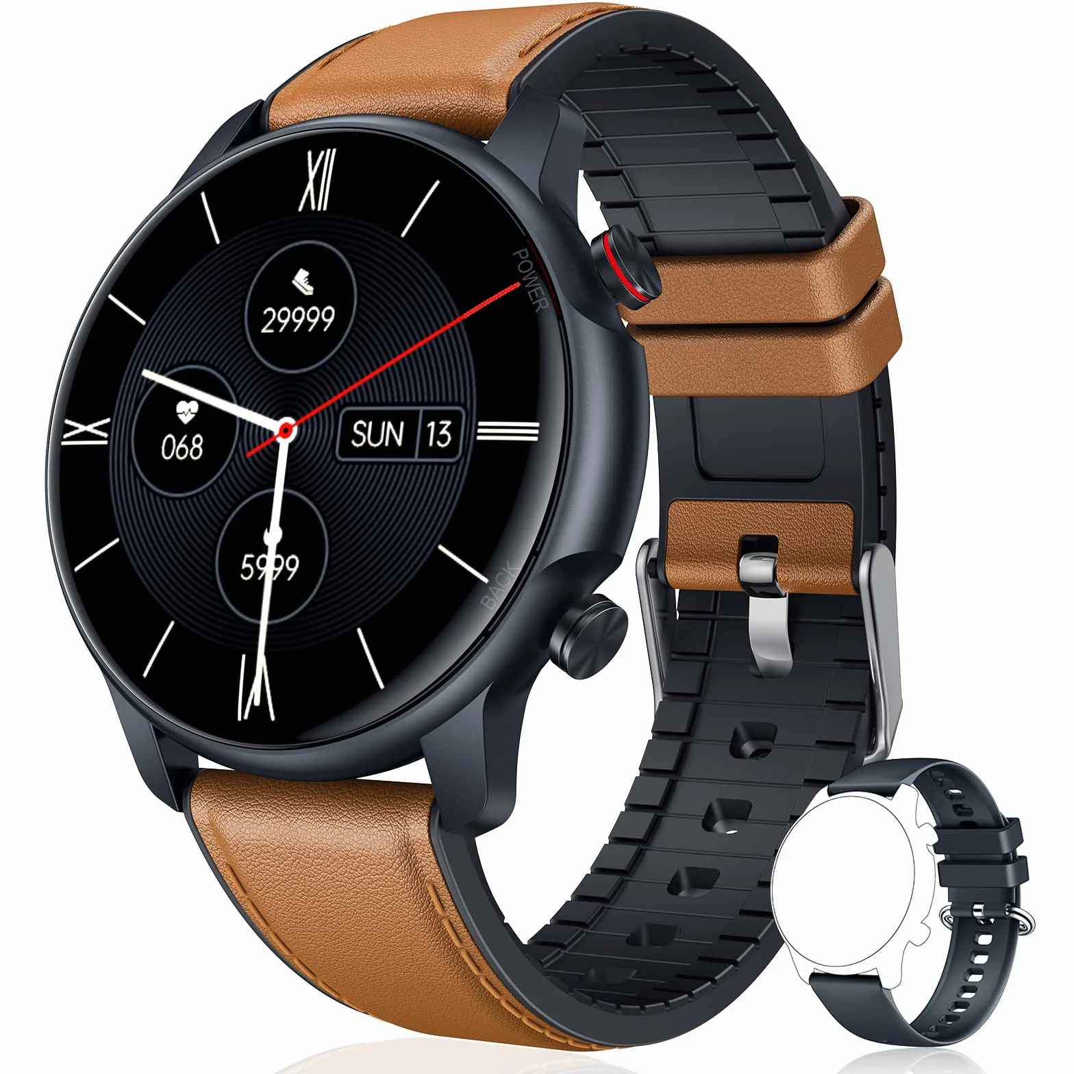 Smartwatch Homme Montre Connectée Sport 1,32 Pouces IP68 Étanche Écran Tactile Bracelet Connectee Moniteur Sommeil Fréquence Cardiaque Podomètre Fitness Tracker Android iOS Ronde Cuir
