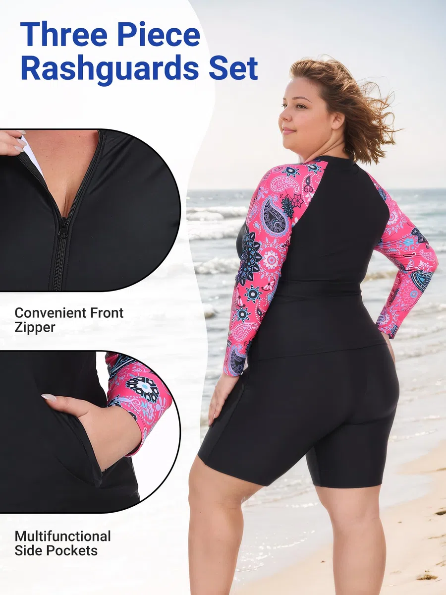 Owntop Maillot de bain 2 pièces UPF 50+ à manches longues avec fermeture éclair et short taille haute pour femme Natation Surf