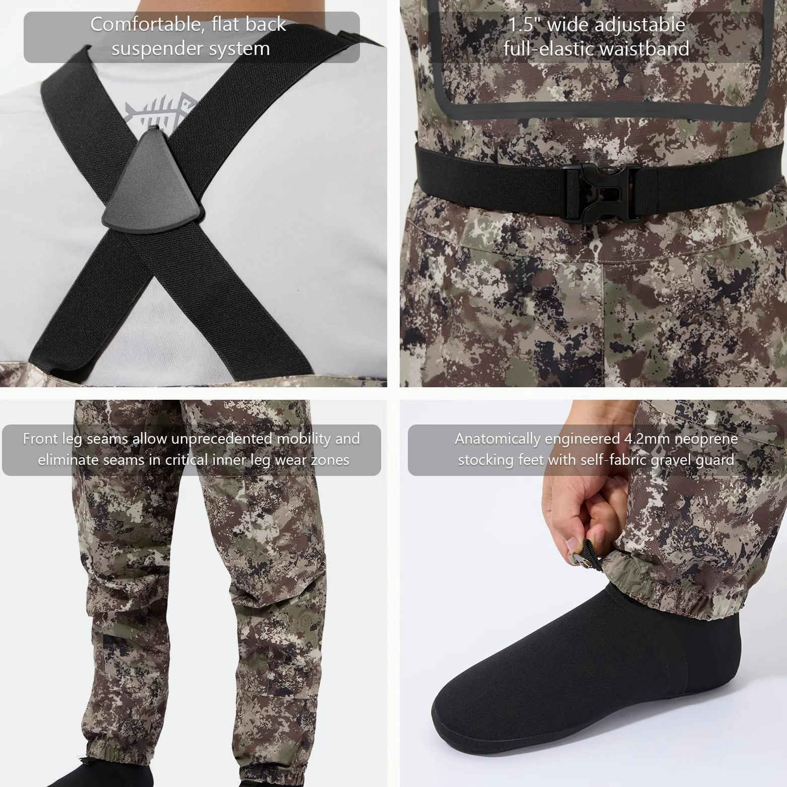 Bassdash Wader à poitrine Léger Respirant Camouflage Noir Semelle de Chaussette Pêche à la Mouche Chasse FW11