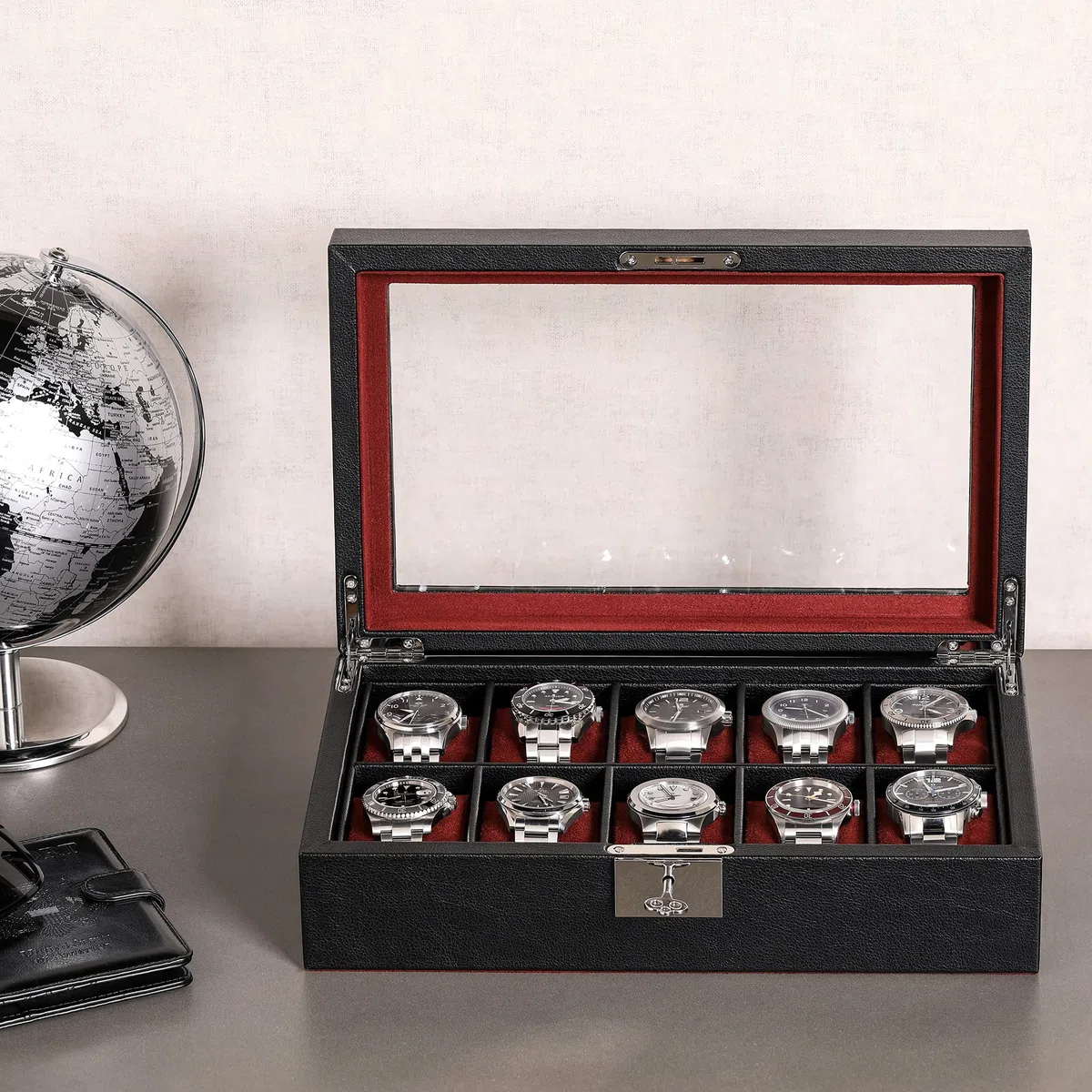 ROTHWELL Boîte à montres en cuir à 10 emplacements – Ecrins pour montres de luxe avec doublure en microsuède ultra douce, support verrouillable avec grand plateau en verre (Noir/Rouge)
