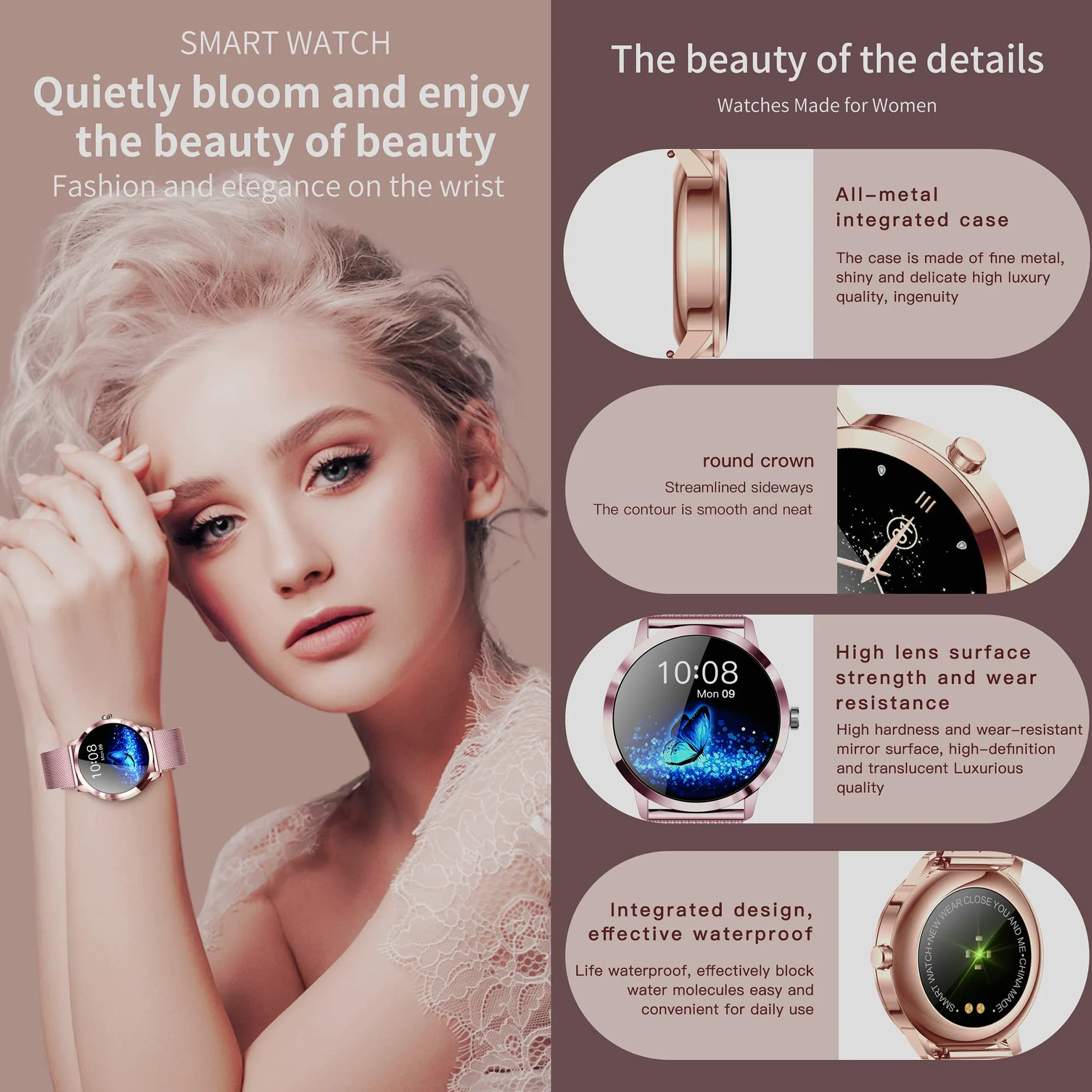 Montre Connectée Femmes IP67 Etanche Smartwatch Sport avec Moniteur Sommeil Fréquence Cardiaque, 22 Modes Sport, Podomètre pour Android iOS
