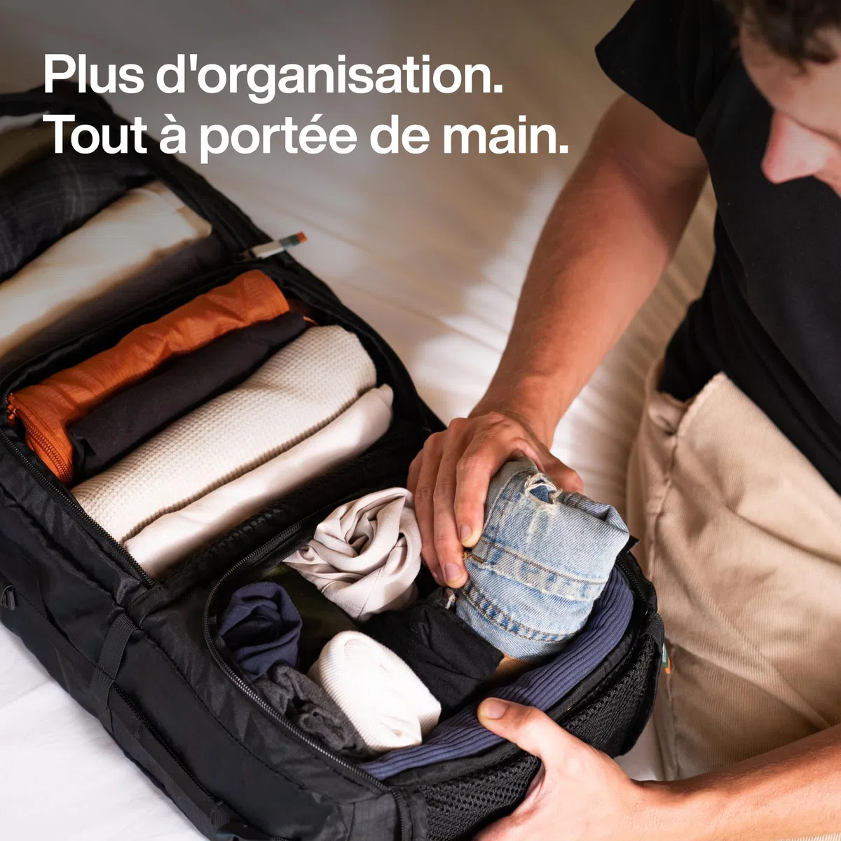 TRAVEL DUDE Compartimenteur de valise à susprendre, avec compression, en plastique recyclées | Cube d'emballage suspensible pour sac à dos | Sacs d'emballage portatifs pour sacs de voyage | Noir