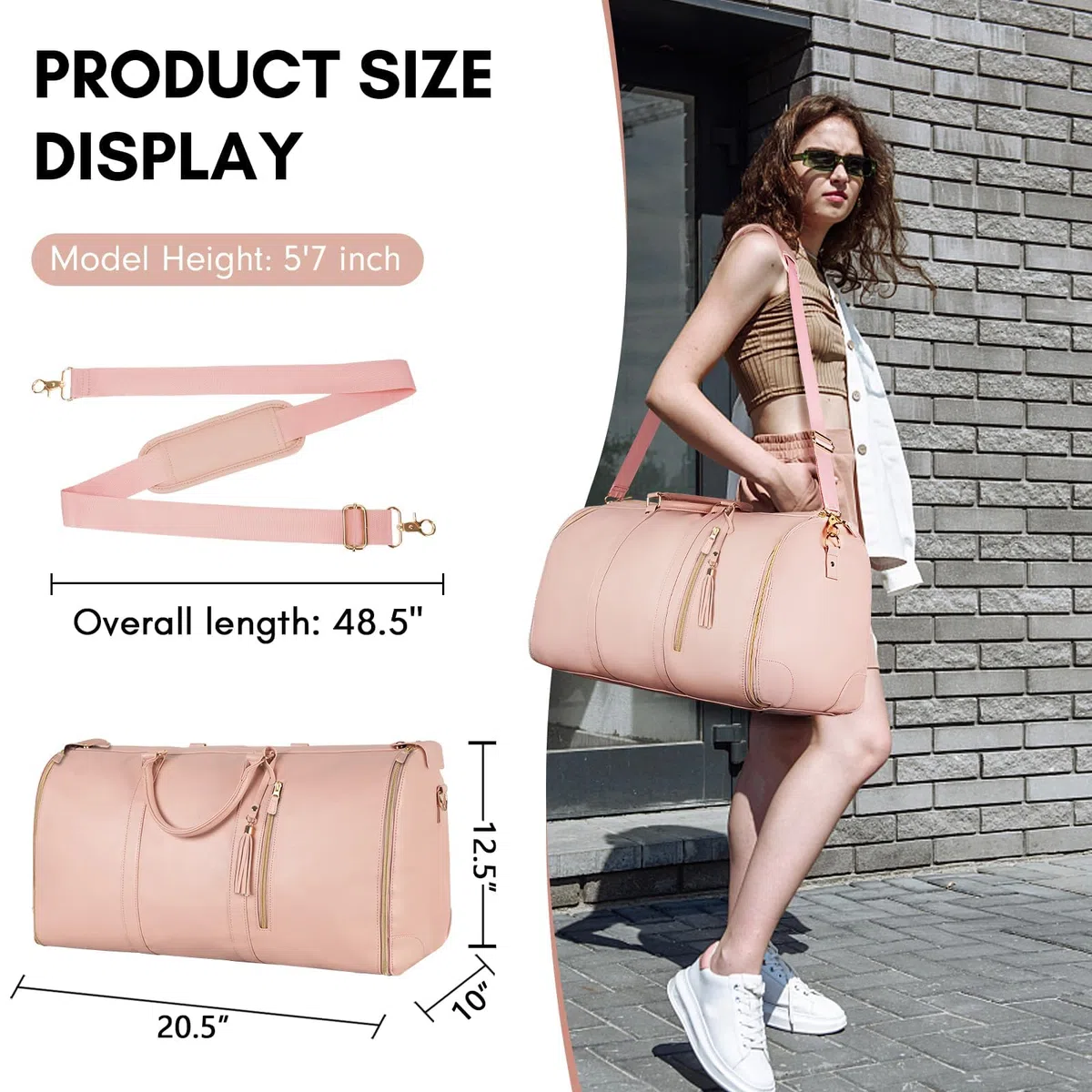 Sac de Voyage Convertible, 2 en 1 Housses Vêtements à Suspendre Sac de Voyage avec Compartiment à Chaussures pour Femme, Valise à Suspendre avec Bandoulière en Cuir PU, Rose