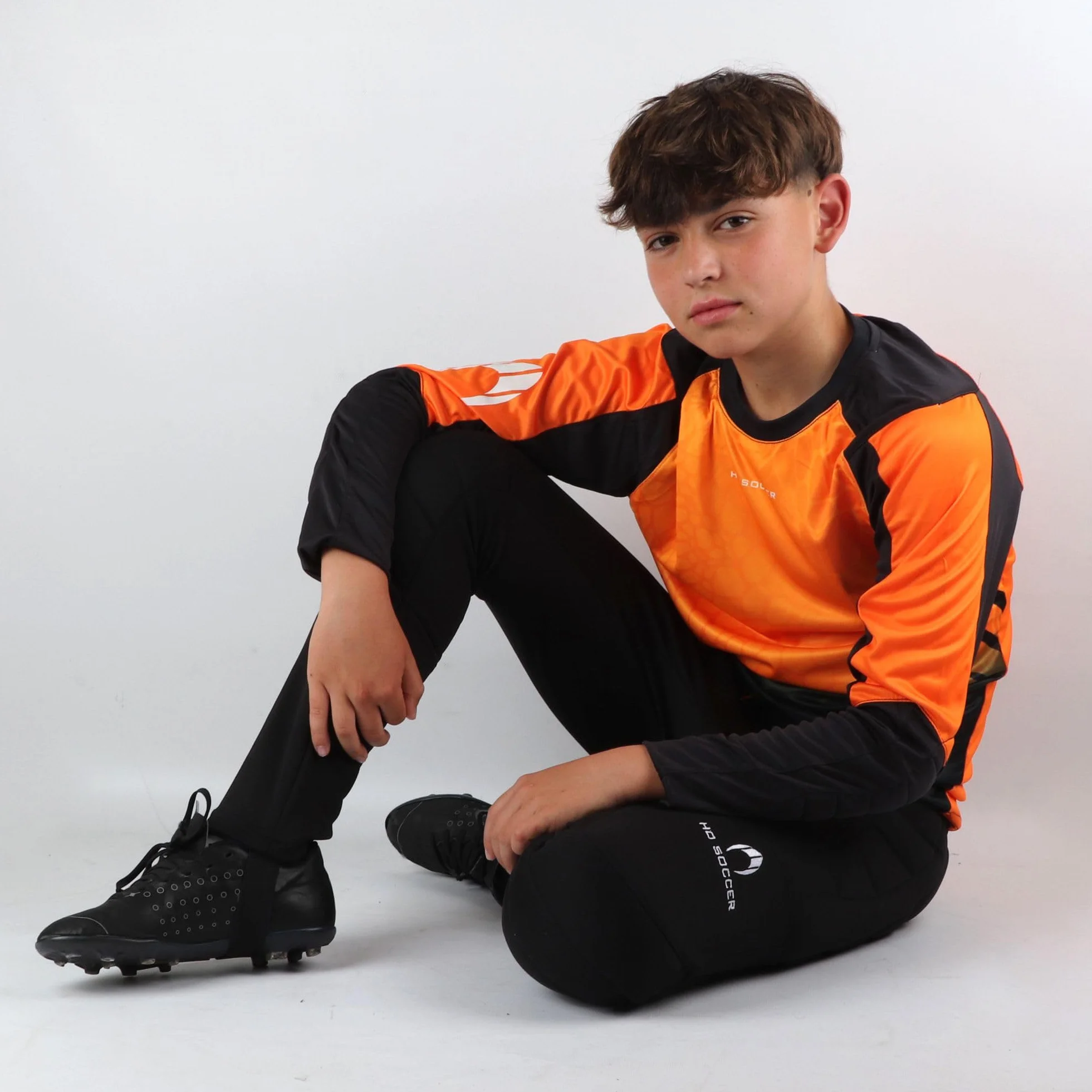 Ensemble de Gardien de But Kid Keeper Deep-Sea Orange T-Shirt Manches Longues Rembourrage Pantalon Long Polyester Enfants Orange Noir Taille 12