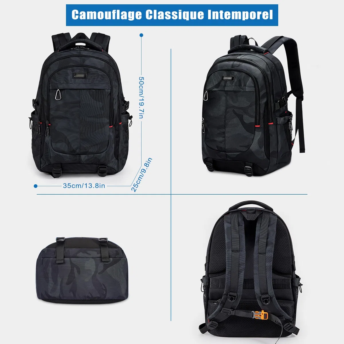 Cartable Garcon Primaire College 50cm Grande Sac à Dos Loisir Homme, Sacs Scolaire pour Ordinateur PC Portable 17 Pouces, Sacs pour Voyage Travail Affaire 12 13 14 15 16 17 18 19 20 10-23 Ans Ado Noir