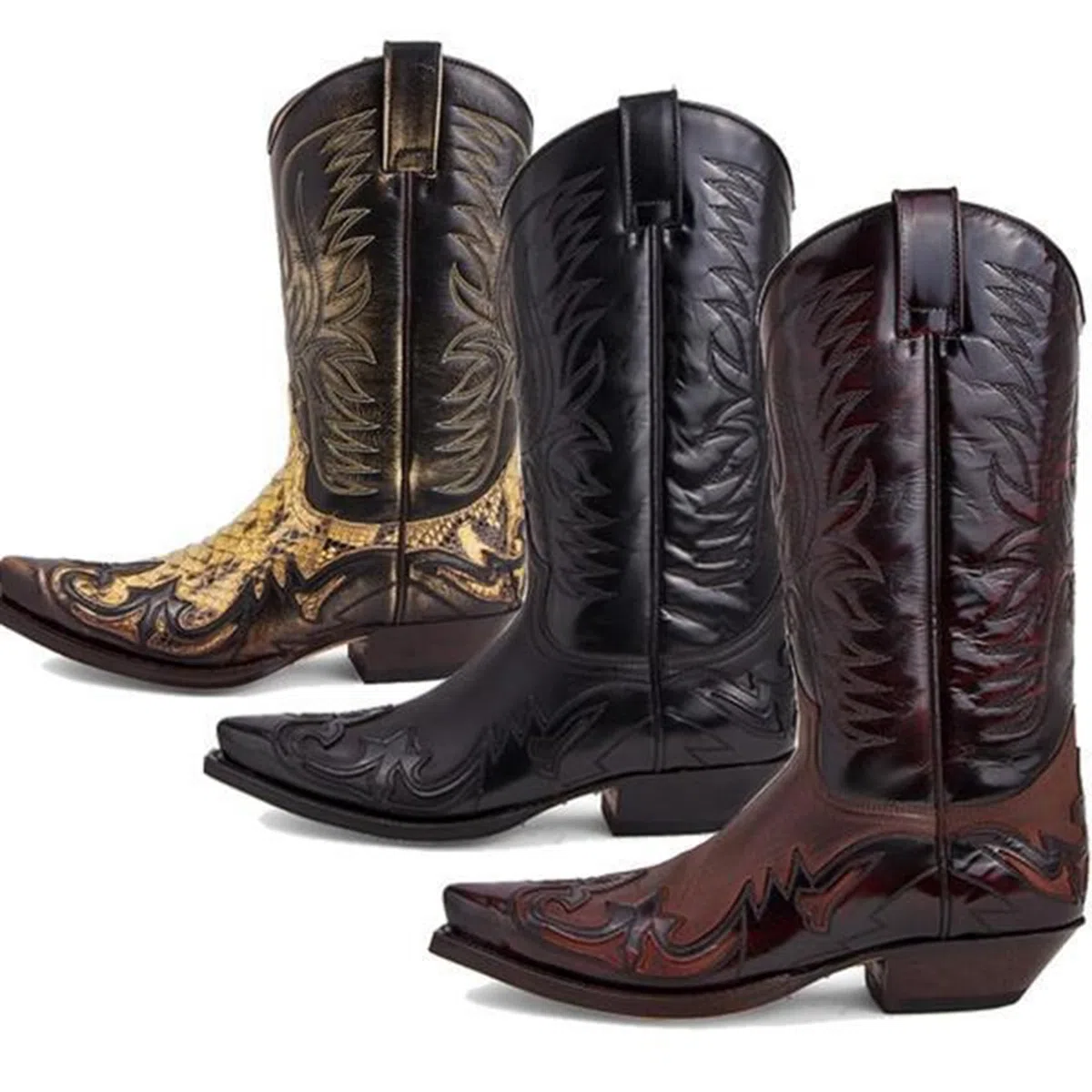 DJFOG Bottes de Chevalier pour Hommes, Bottes de Motard brodées, Bottes Hautes Vintage, Style Cowboy Occidental, Bottes de Moto à Bout Pointu