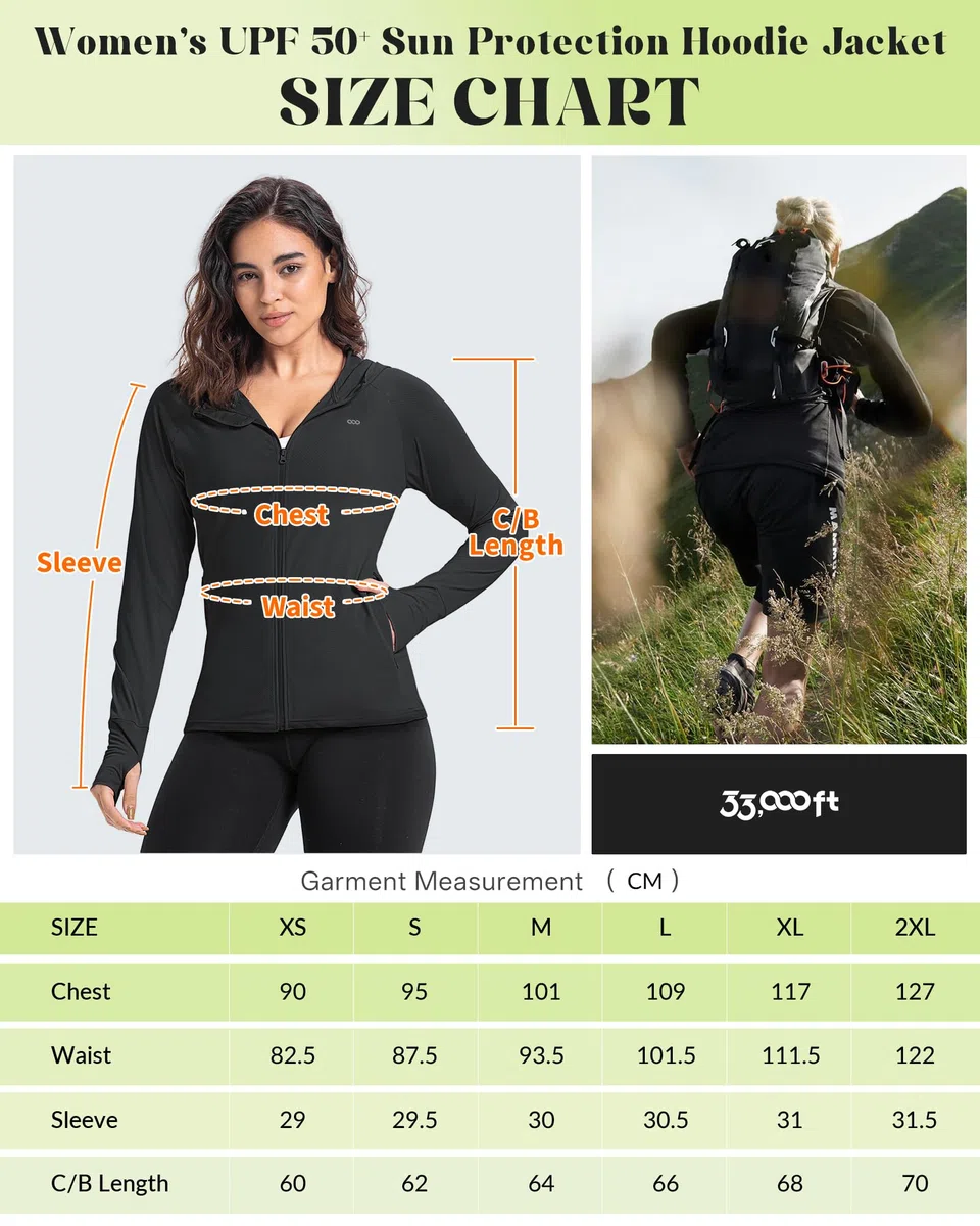 33,000ft Veste de course légère pour femme, veste de sport UPF 50+, sweat à capuche entièrement zippé, avec trou pour les pouces, veste de survêtement respirante avec 4 poches pour la course à pied