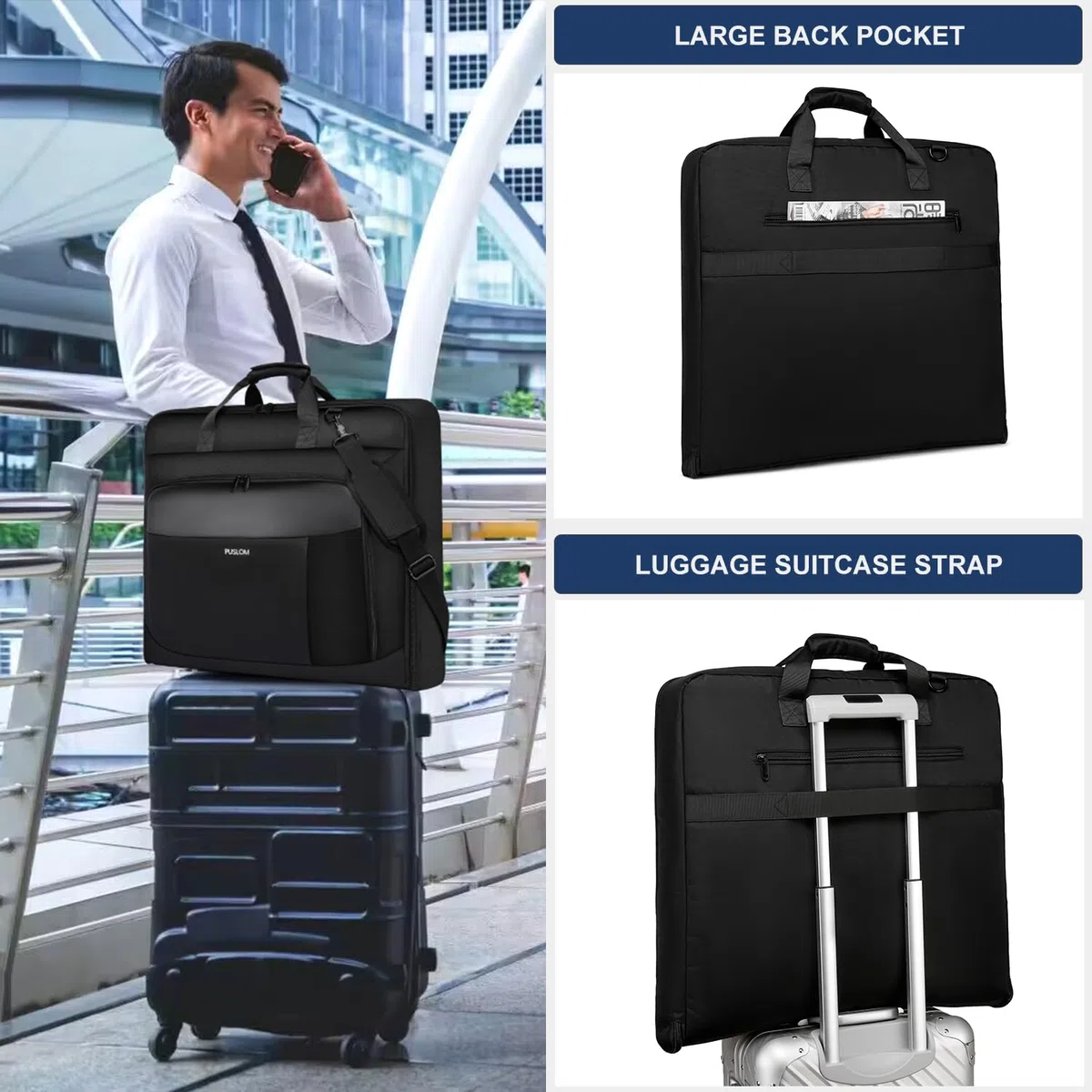 Housse à Vêtements de 3 Costume Housse Voyage Costume Homme pour Les Voyages d'affaires Sac à Bagage à Main Valise Housse Vêtement Voyage Sac Pliable pour Ordinateur Portable de 15,6 Pouces, Noir