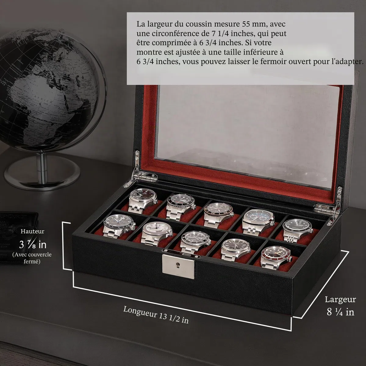 ROTHWELL Boîte à montres en cuir à 10 emplacements – Ecrins pour montres de luxe avec doublure en microsuède ultra douce, support verrouillable avec grand plateau en verre (Noir/Rouge)