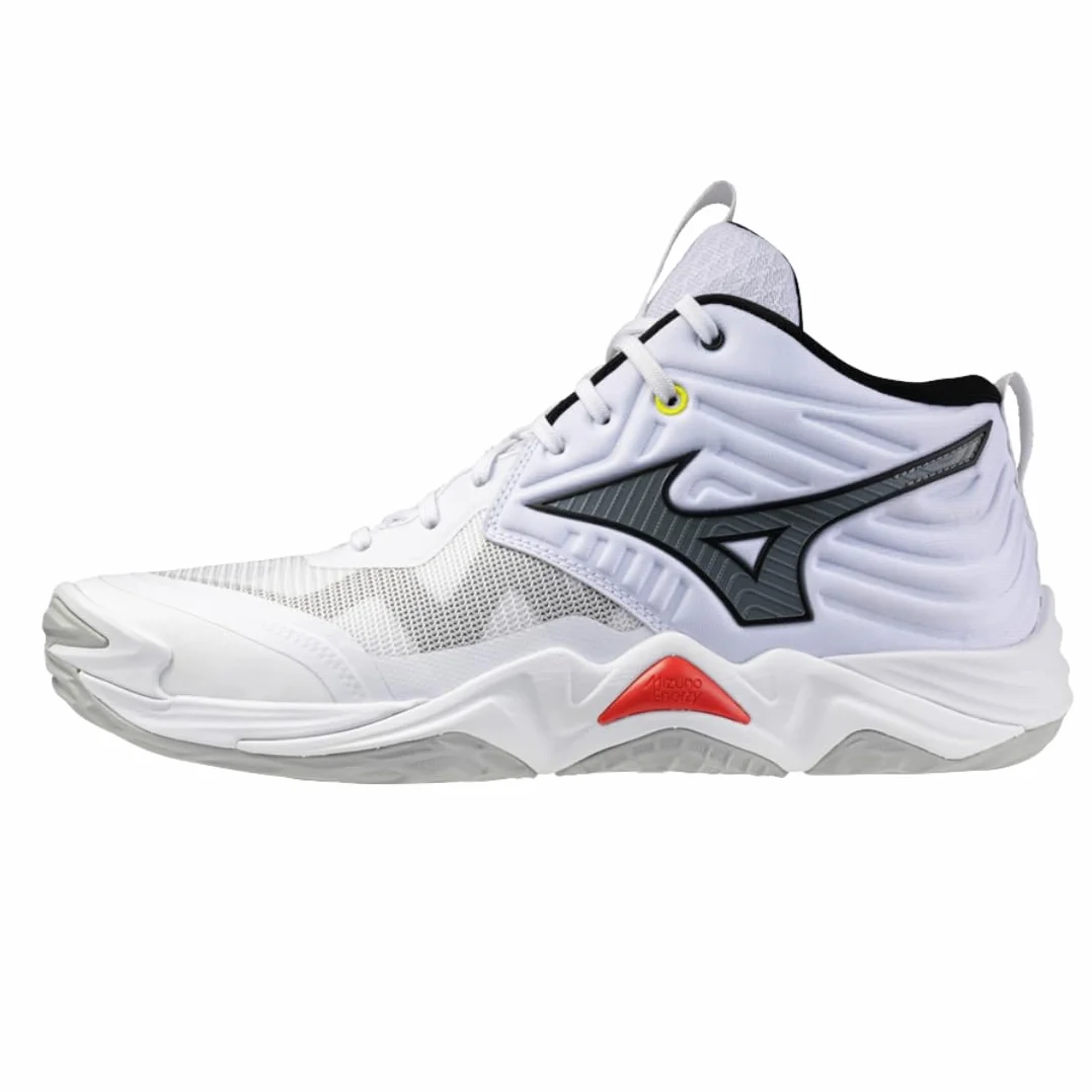 Mizuno Wave Momentum Elite Mid, Chaussures de volley-ball, Blanc/Noir, Amortissement Enerzy, Stabilité Avancée