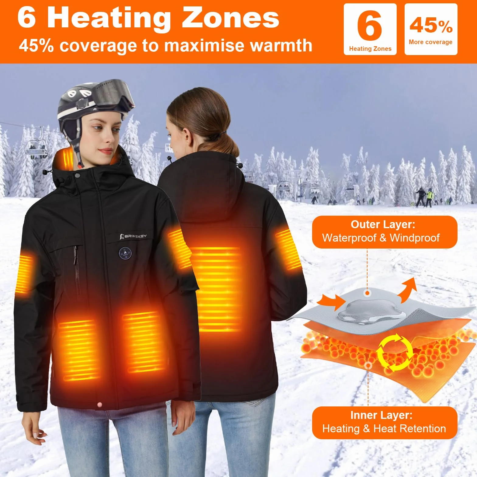 Veste Chauffante Femme avec Batterie 12000mAh, Électrique Vestes de Ski en Polaire Imperméable & Coupe-vent avec 6 Zones de Chaleur, Manteau Chauffant Capuche pour Extérieur Hiver