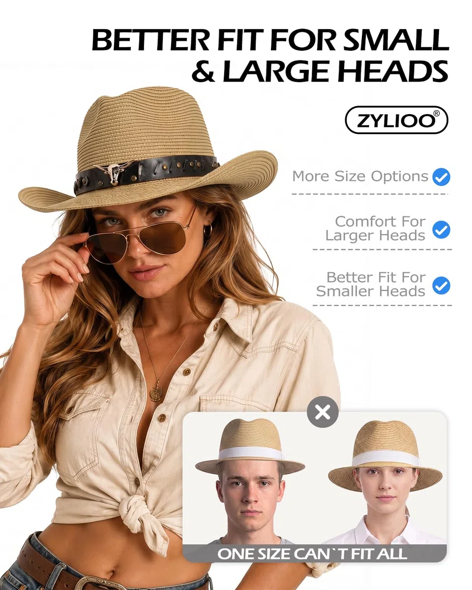 Zylioo Chapeau de cowboy en paille avec mentonnière fixe - Chapeau de soleil western UPF50+ - Chapeau de cowgirl d'été pour la plage et la randonnée