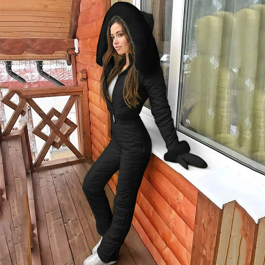 Tomwell Combinaison de Ski Femmes Hiver Couleur Unie Chaud Peluche Capuche Overall Neige Sports De Plein Air Zipper Ski Suit Imperméable Jumpsuit