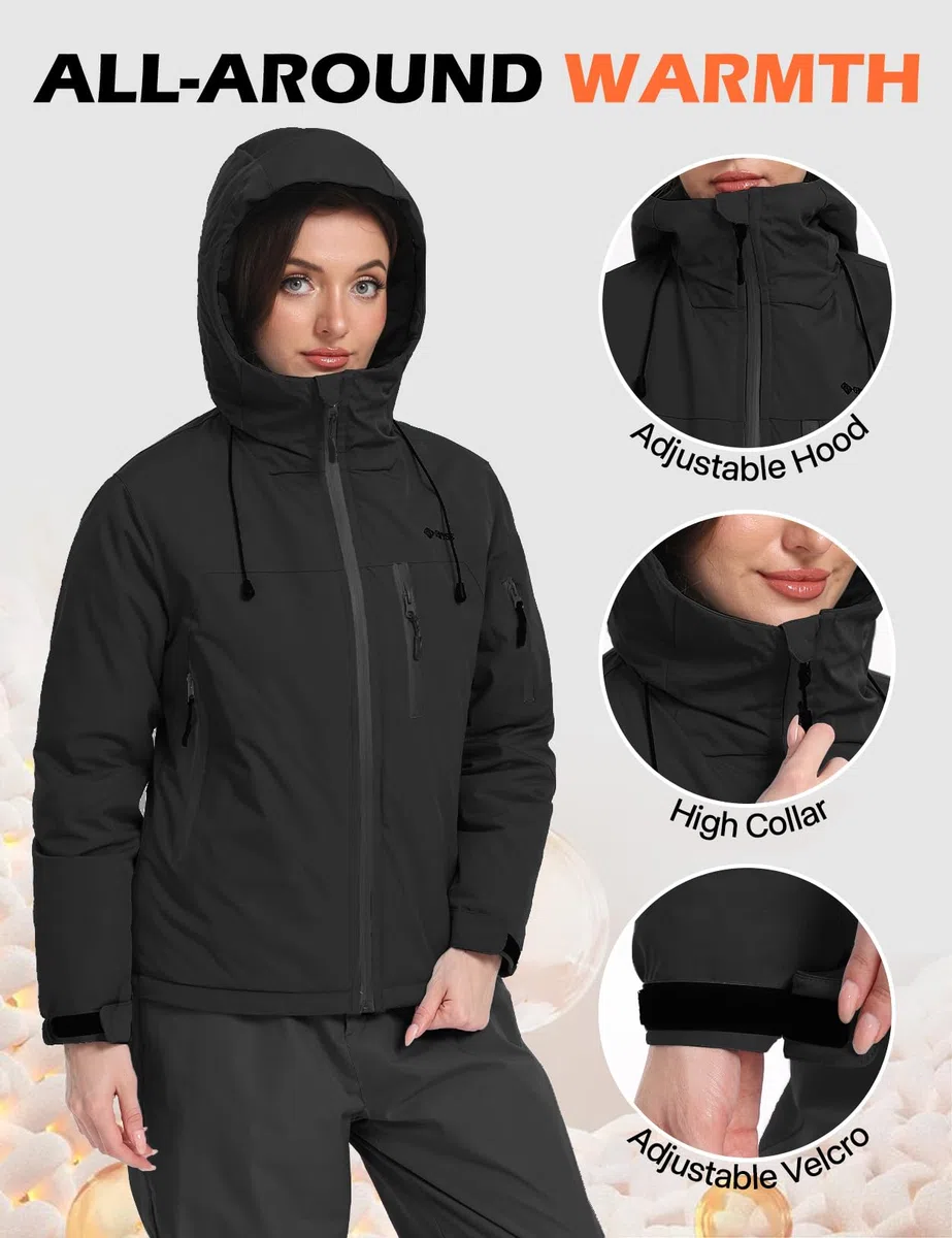 GEMYSE Veste de Ski Femme Imperméable et Coupe-Vent Manteau Chaud avec Capuche Réglable et Ourlet Ajustable pour Randonnée et Neige